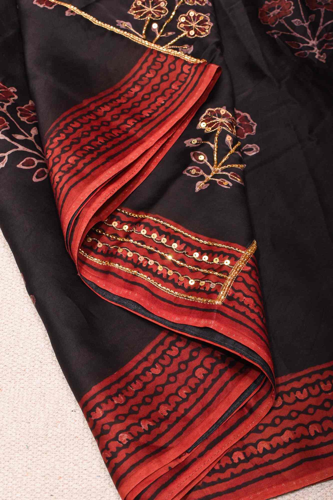 Ready to wear saree Black Authentic Hand Block Print Modal Silk Saree with Floral Pattern and Sequins, Cutdana work