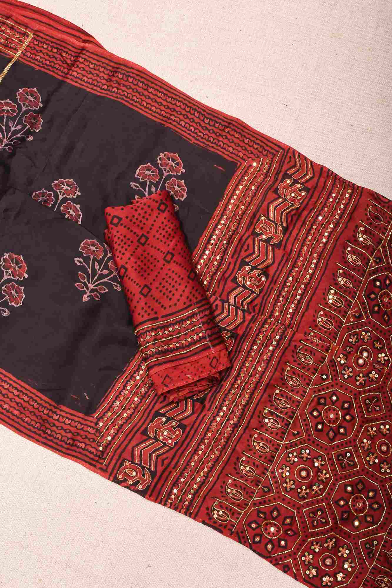 Ready to wear saree Black Authentic Hand Block Print Modal Silk Saree with Floral Pattern and Sequins, Cutdana work