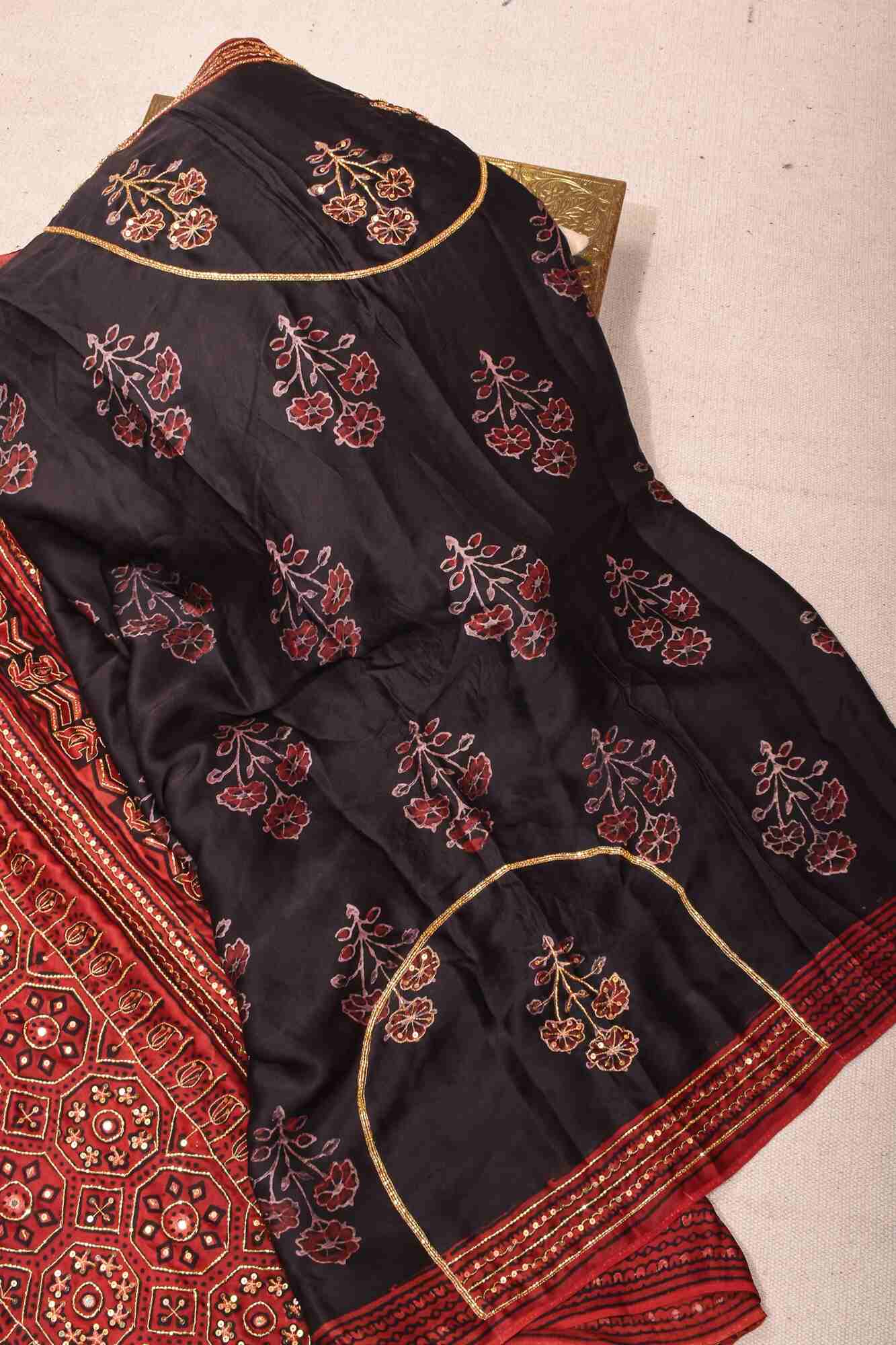 Ready to wear saree Black Authentic Hand Block Print Modal Silk Saree with Floral Pattern and Sequins, Cutdana work