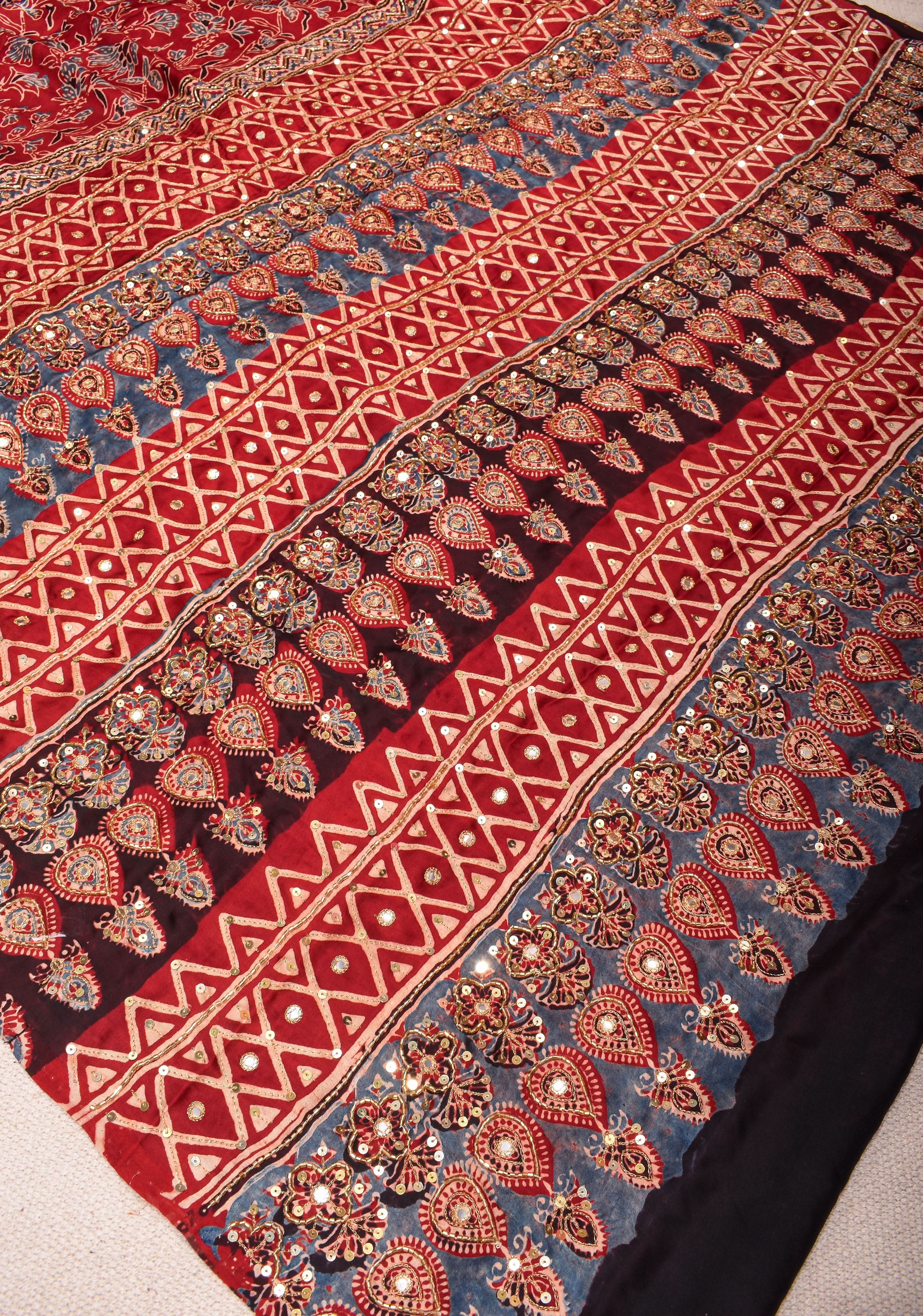 Red Ajrakh Hand Block Print on Modal Silk Saree with Cutdana & Sequins Work | Shobitam