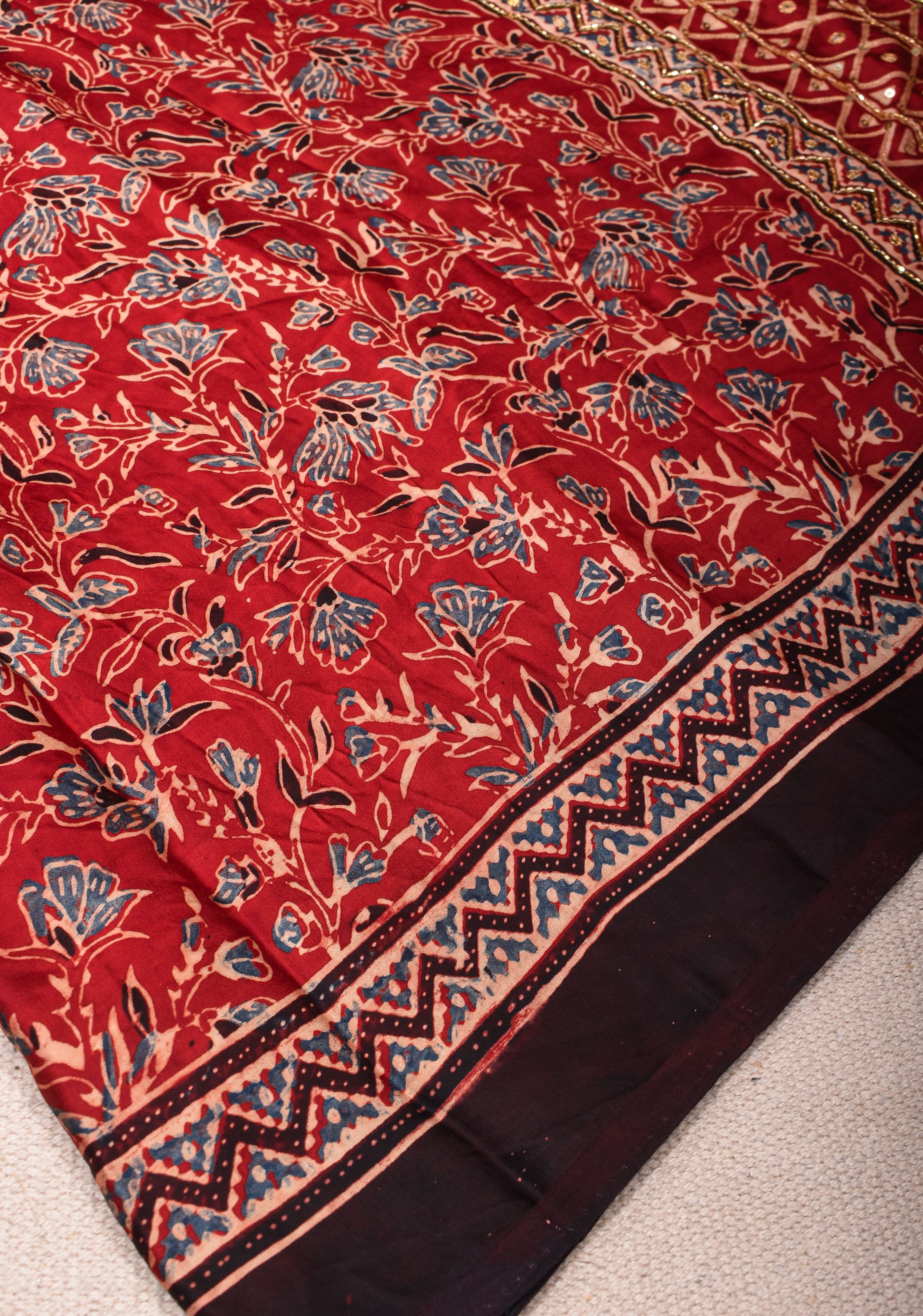 Red Ajrakh Hand Block Print on Modal Silk Saree with Cutdana & Sequins Work | Shobitam
