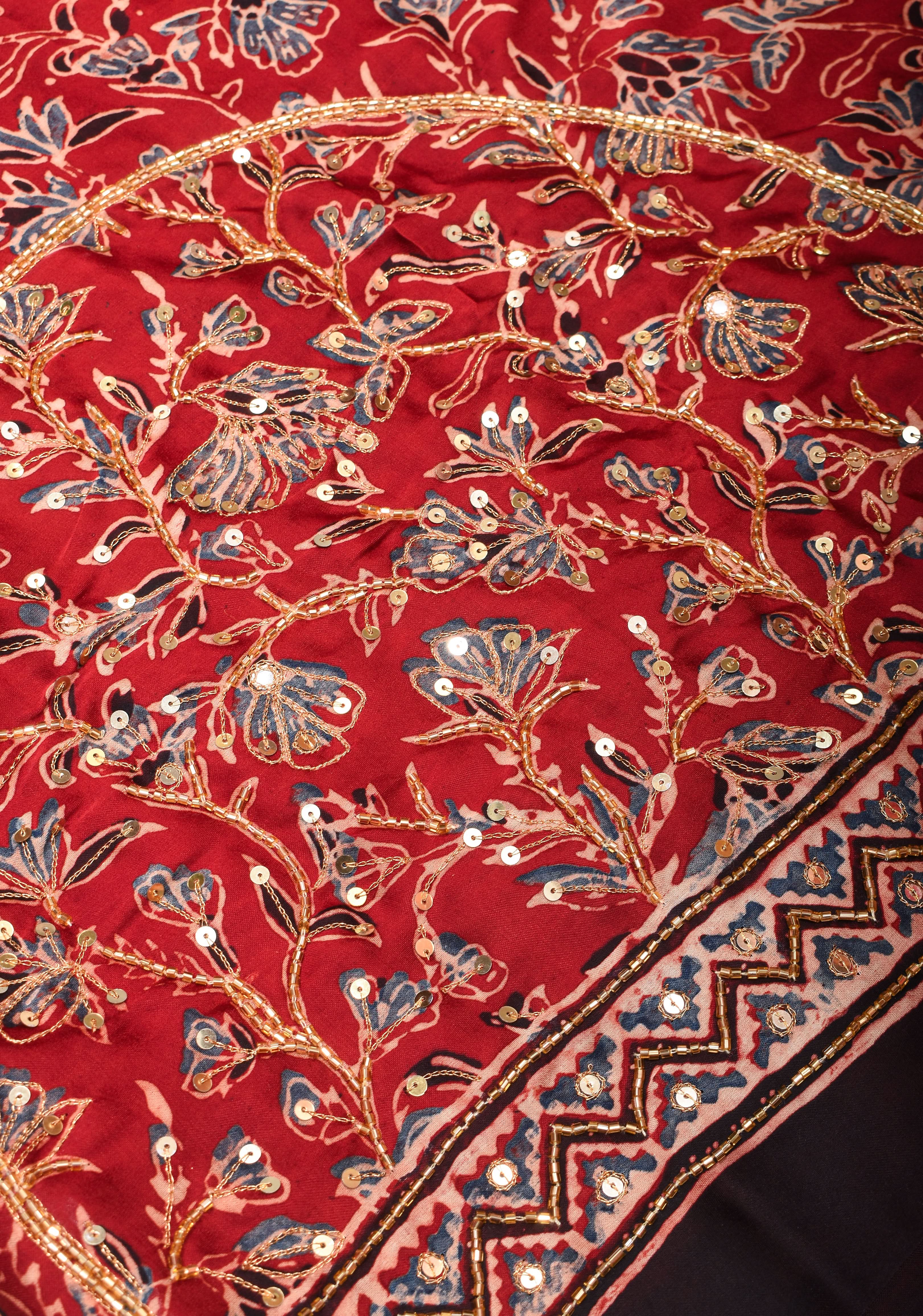 Red Ajrakh Hand Block Print on Modal Silk Saree with Cutdana & Sequins Work | Shobitam