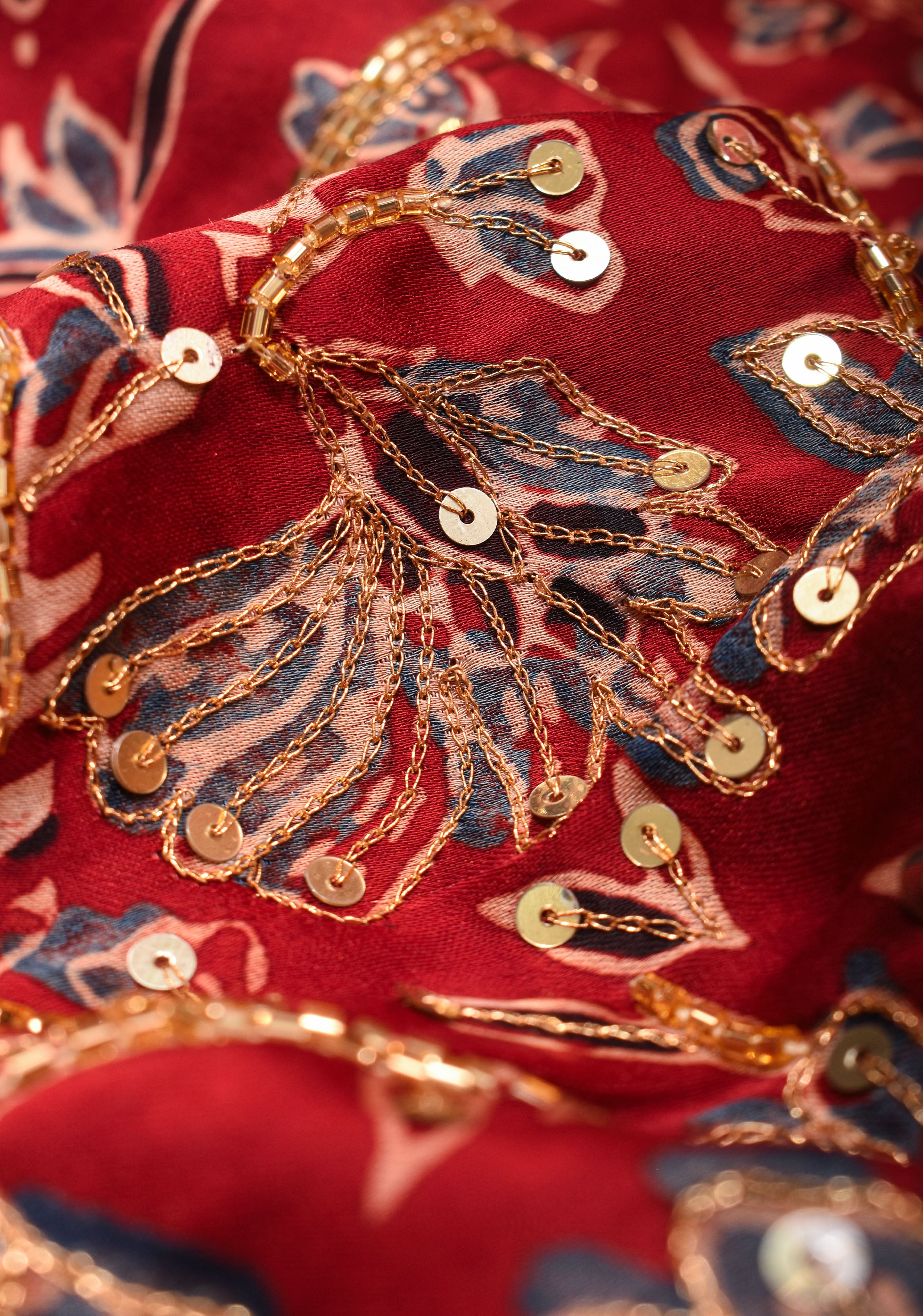 Red Ajrakh Hand Block Print on Modal Silk Saree with Cutdana & Sequins Work | Shobitam