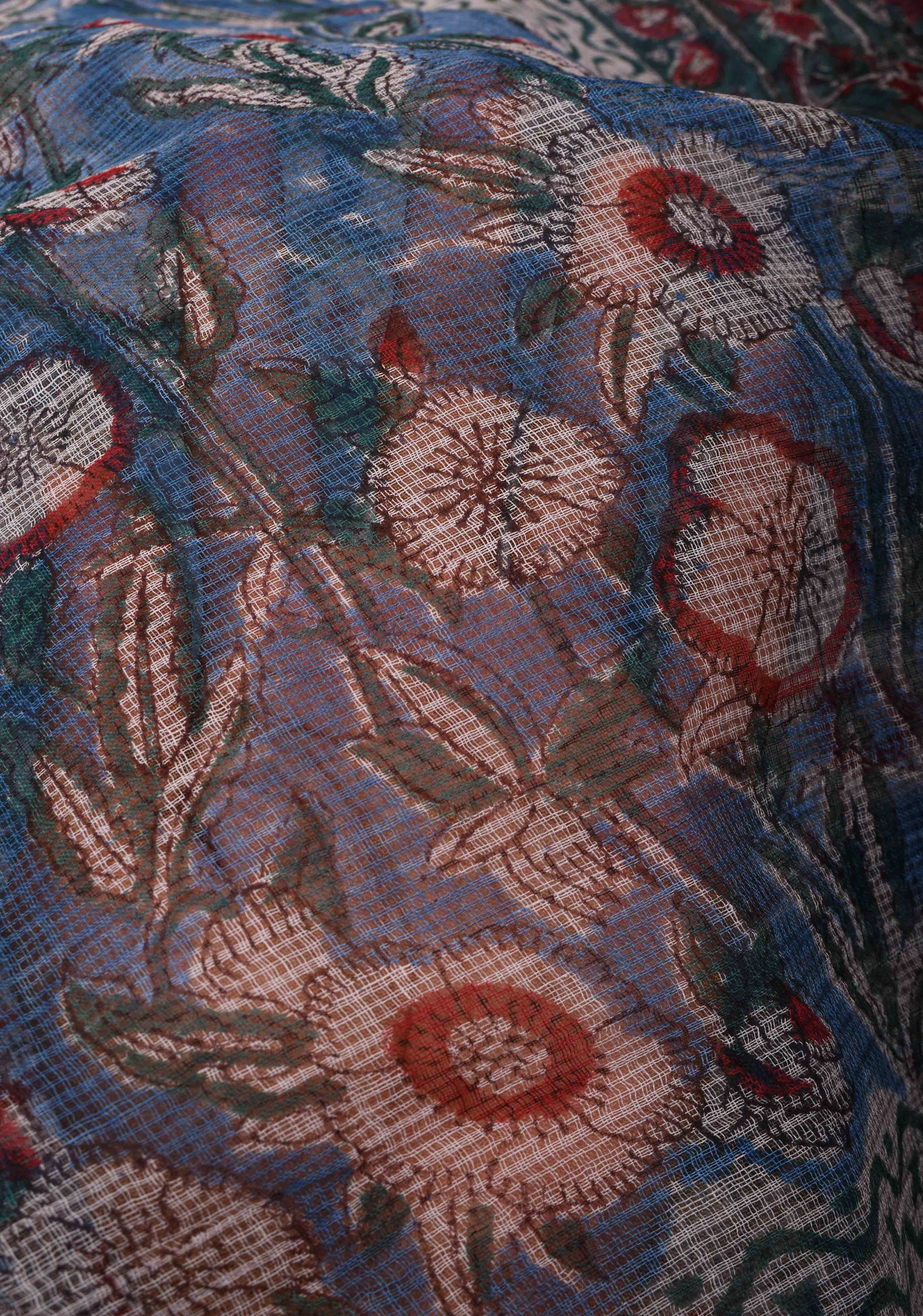 Bluebell Blue Kota Doria Cotton Saree with Sanganeri Hand Block Print and minimal Zari border | Shobitam