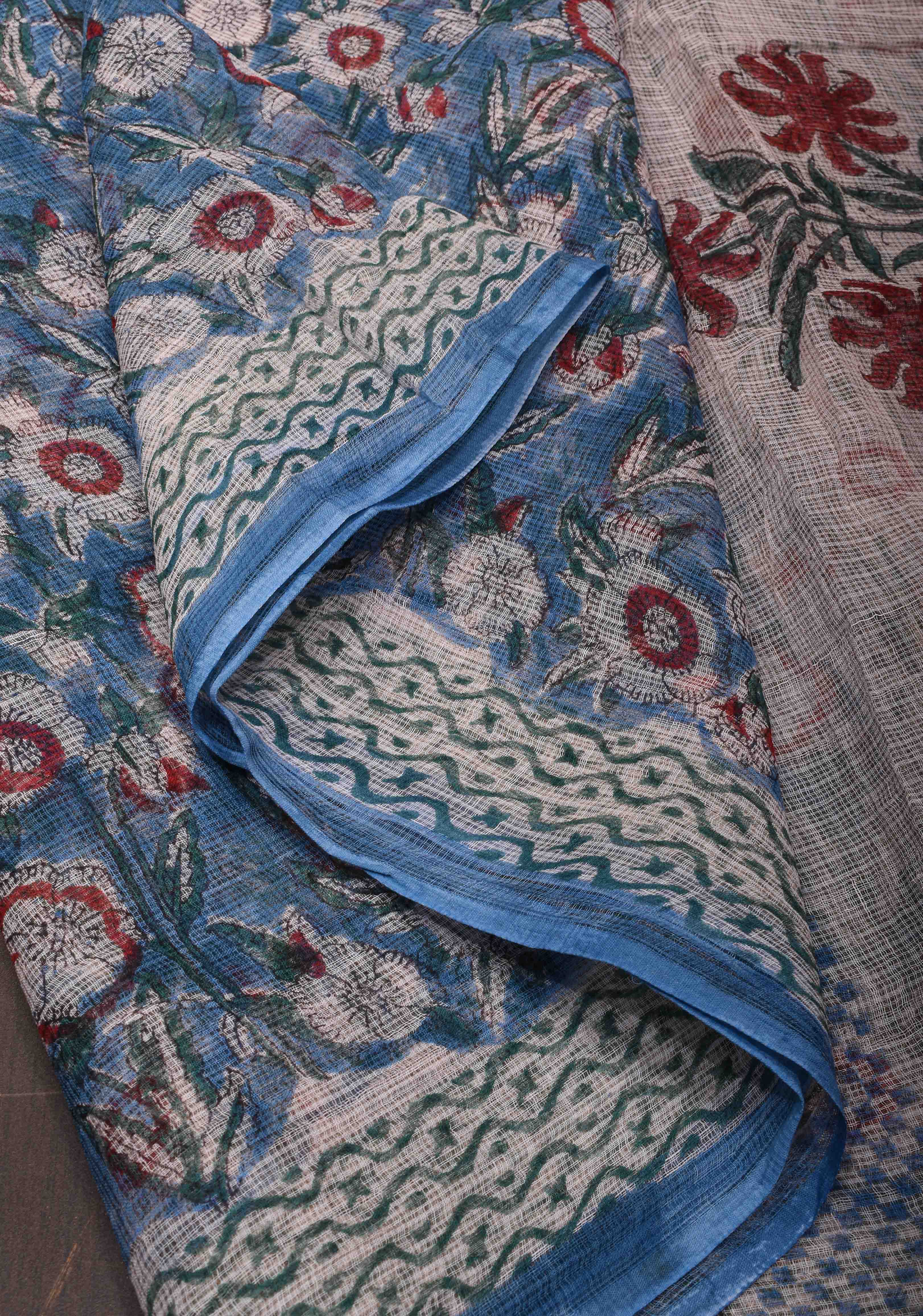 Bluebell Blue Kota Doria Cotton Saree with Sanganeri Hand Block Print and minimal Zari border | Shobitam