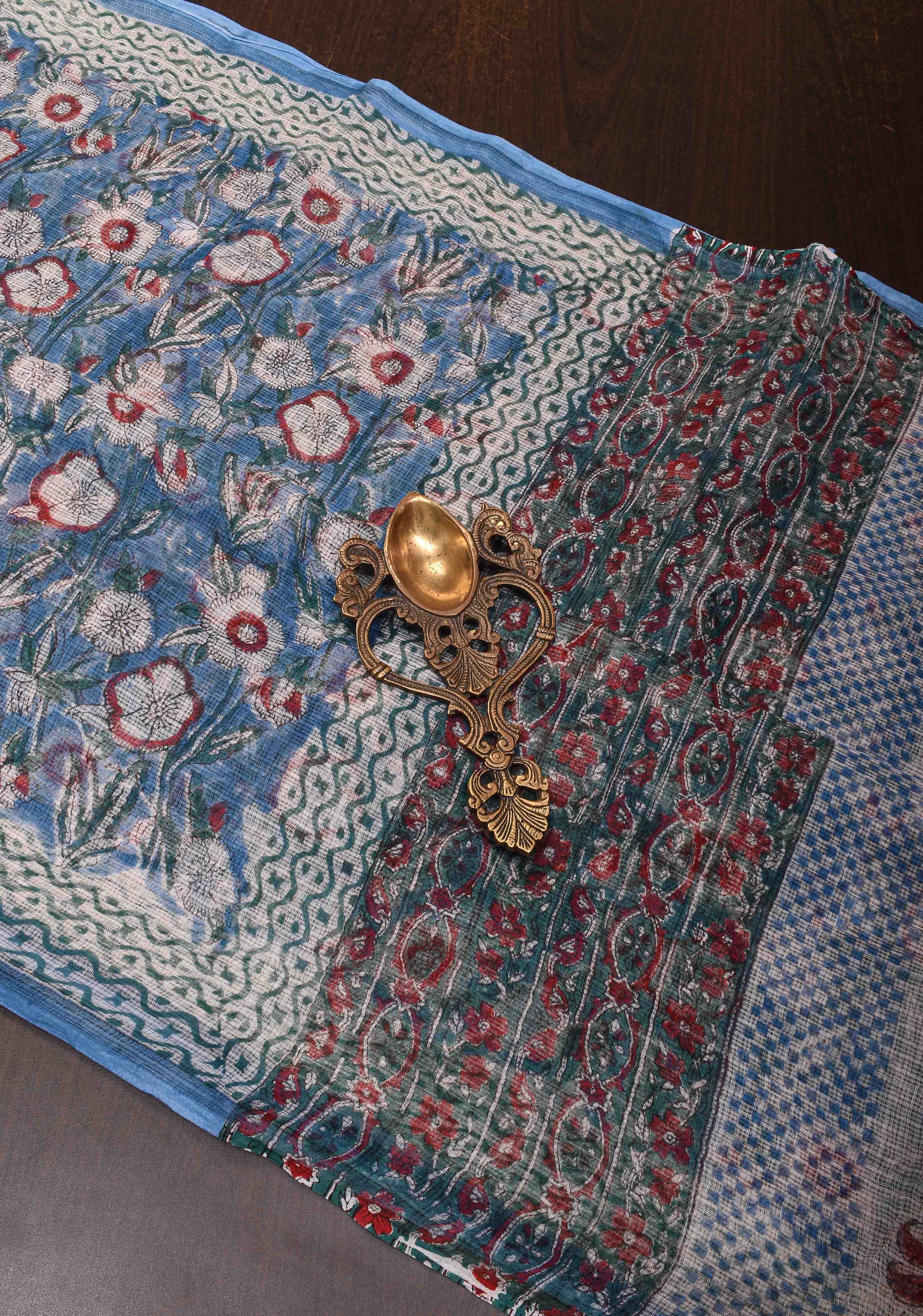 Bluebell Blue Kota Doria Cotton Saree with Sanganeri Hand Block Print and minimal Zari border | Shobitam