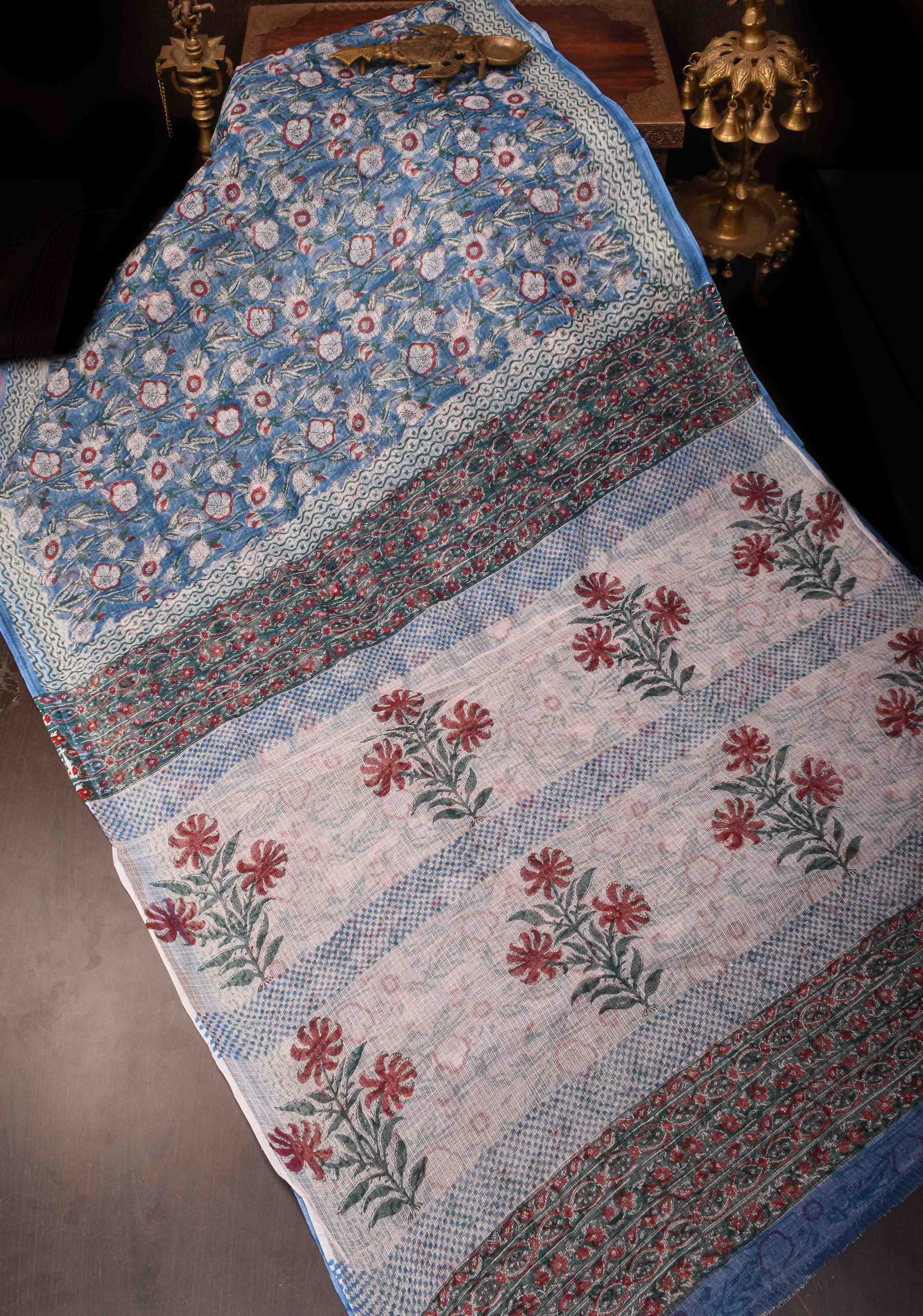 Bluebell Blue Kota Doria Cotton Saree with Sanganeri Hand Block Print and minimal Zari border | Shobitam