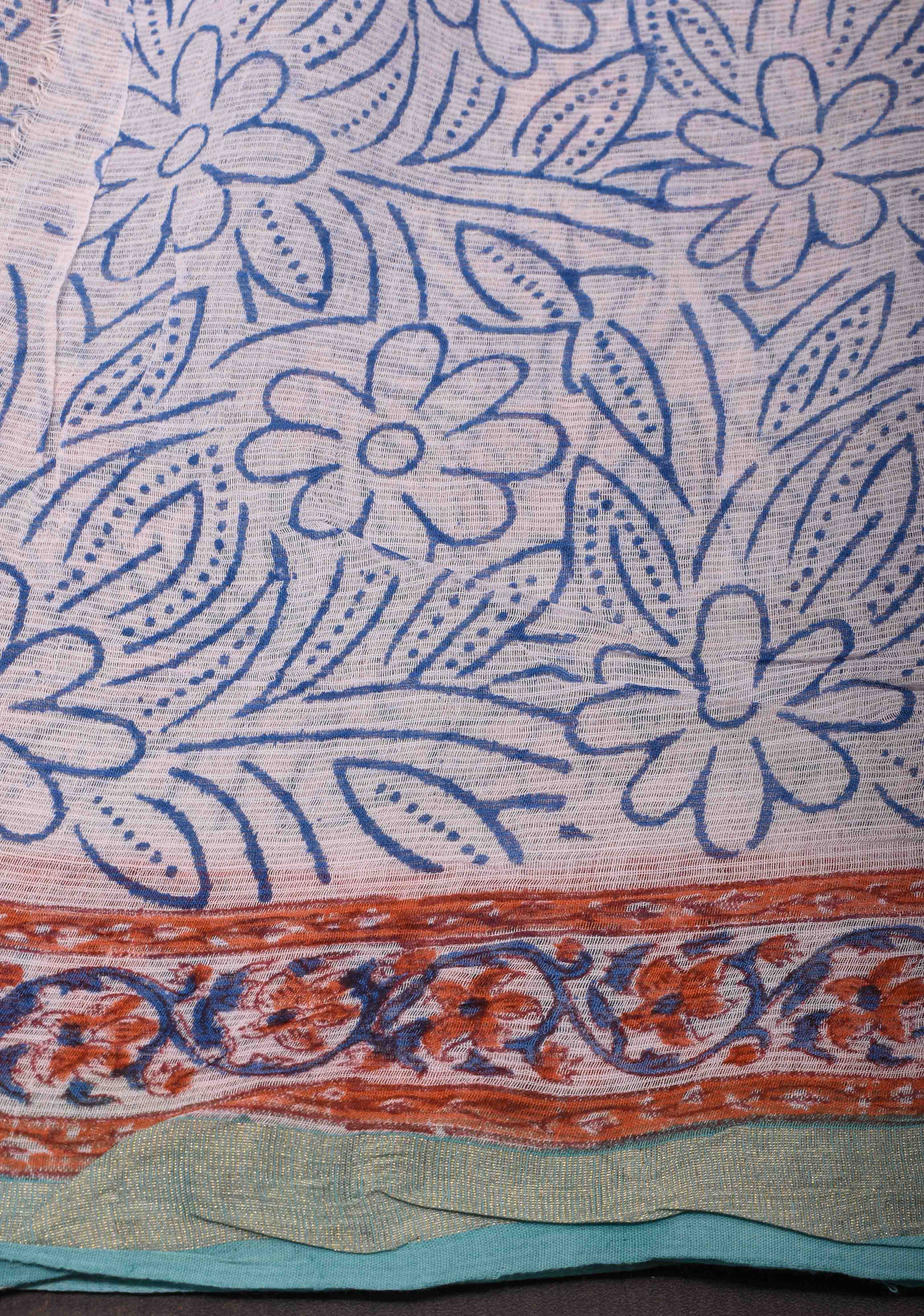 Blue Kota Doria Cotton Saree with Sanganeri Hand Block Print | Shobitam
