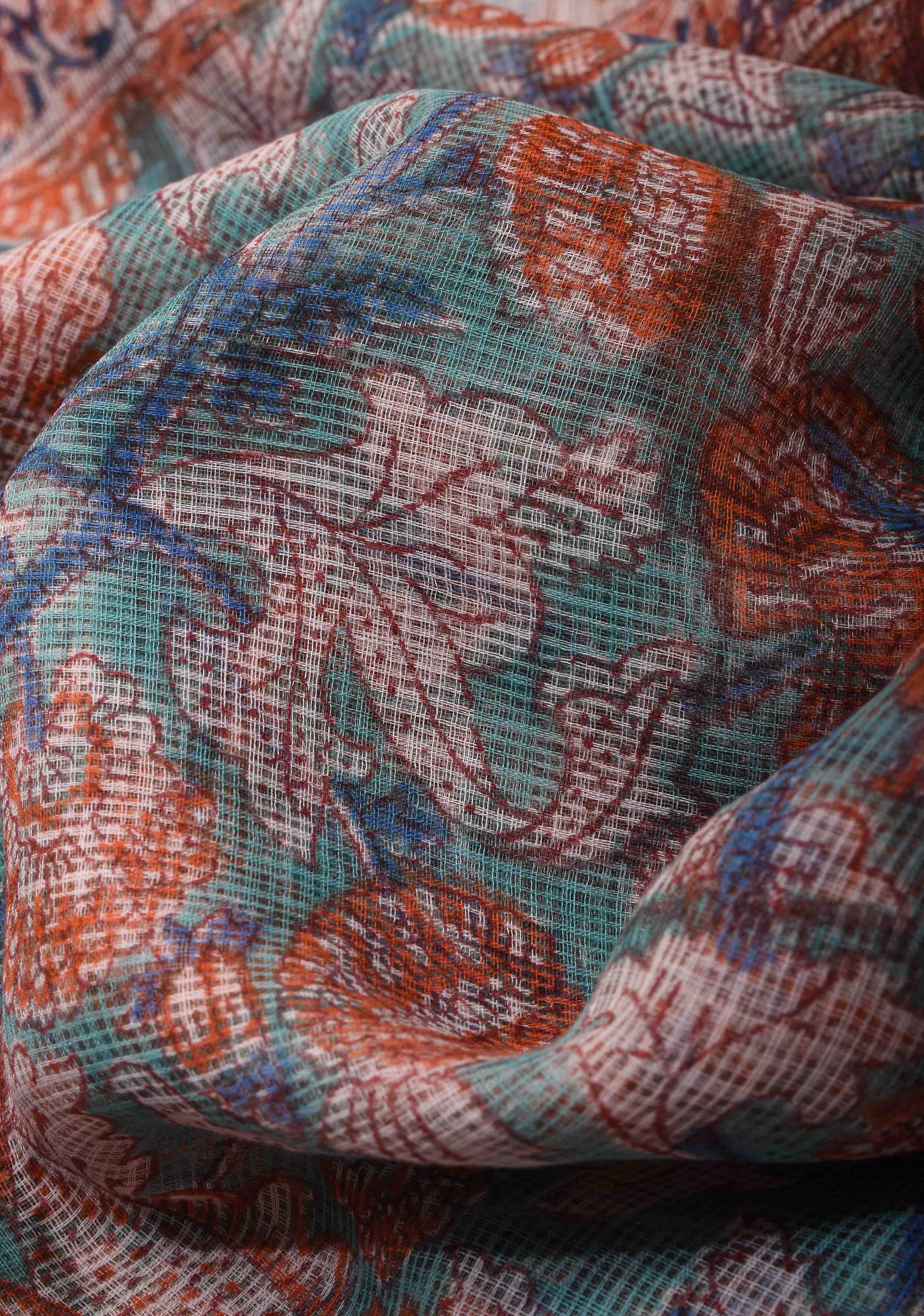 Blue Kota Doria Cotton Saree with Sanganeri Hand Block Print | Shobitam