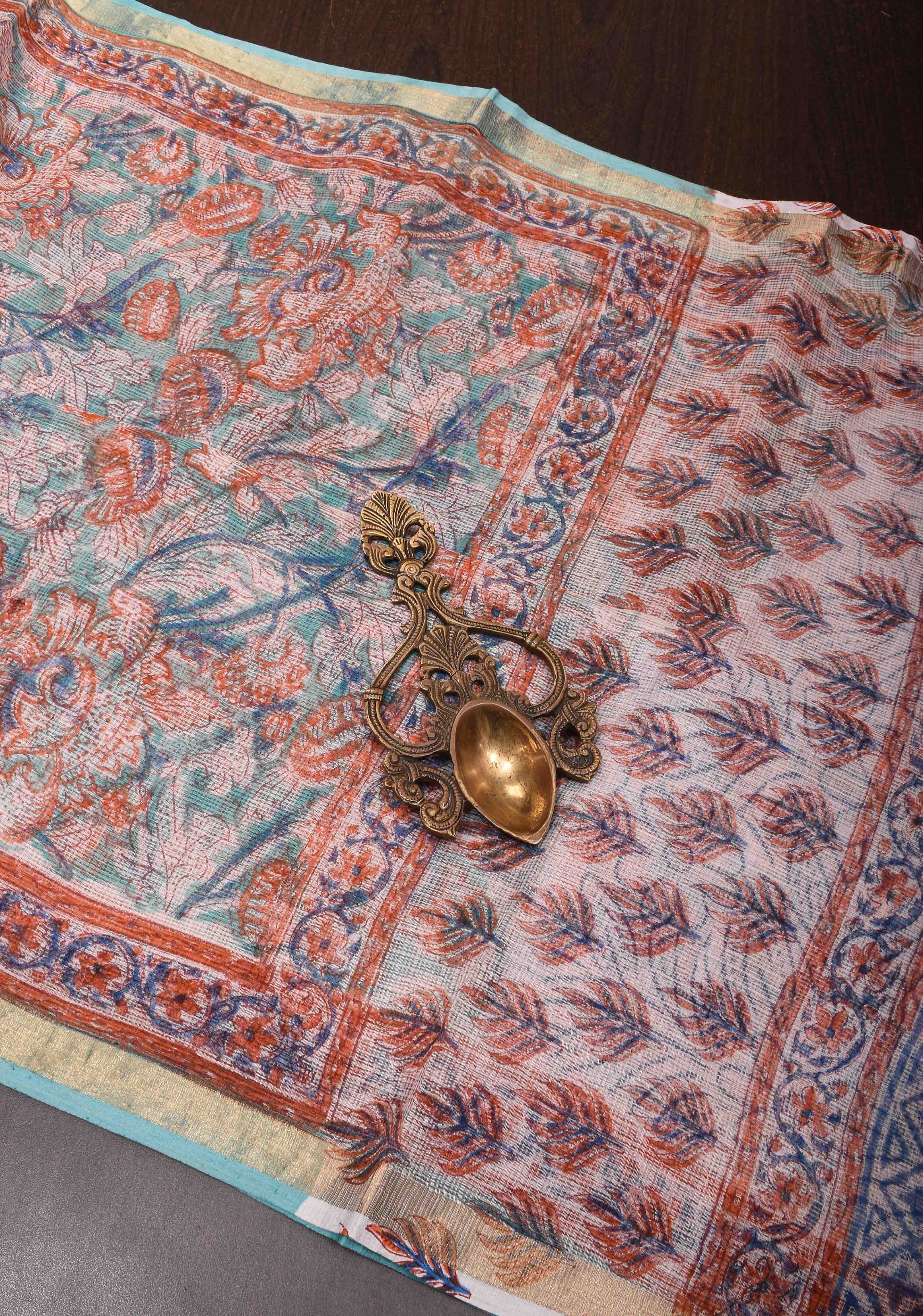 Blue Kota Doria Cotton Saree with Sanganeri Hand Block Print | Shobitam