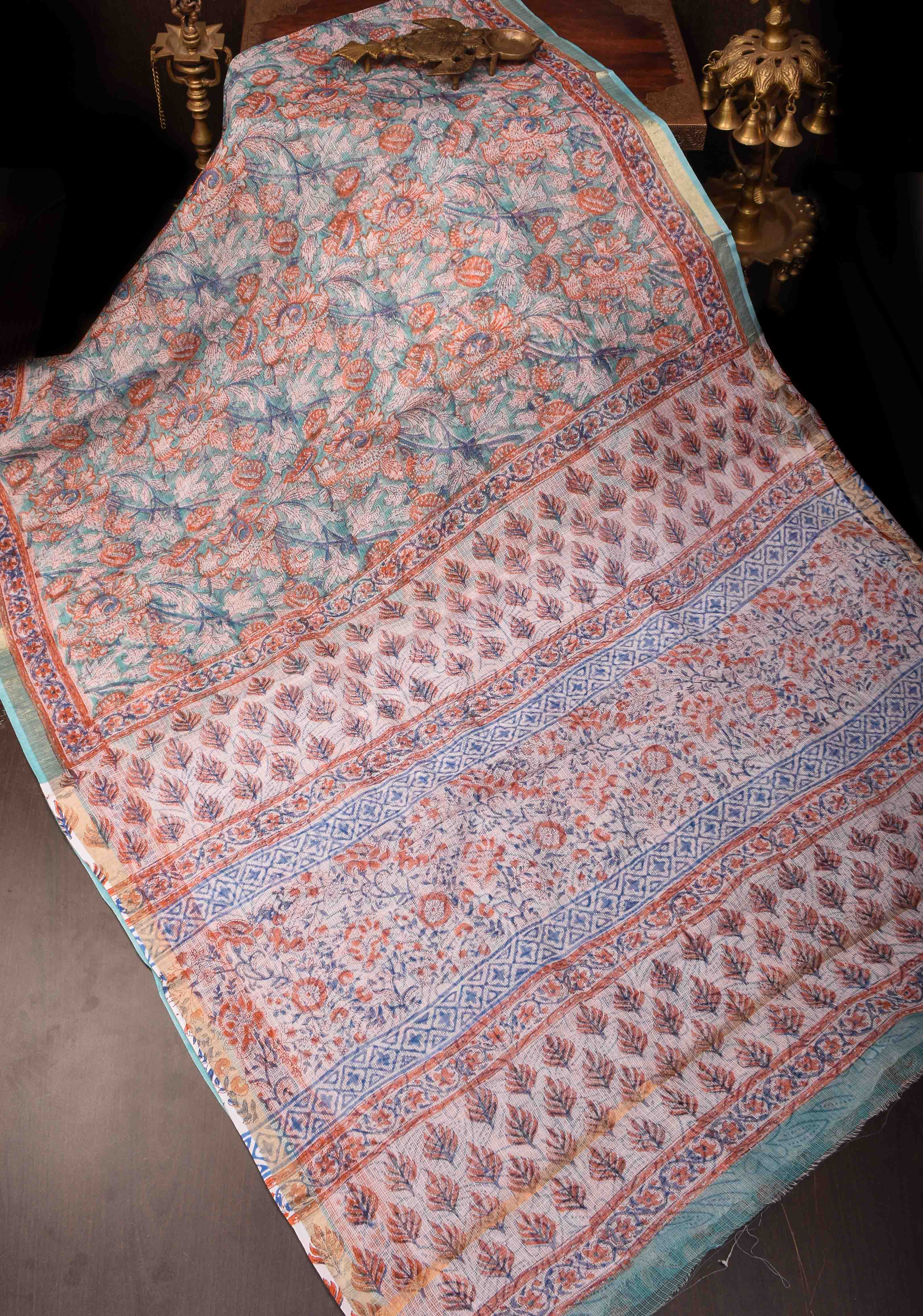 Blue Kota Doria Cotton Saree with Sanganeri Hand Block Print | Shobitam