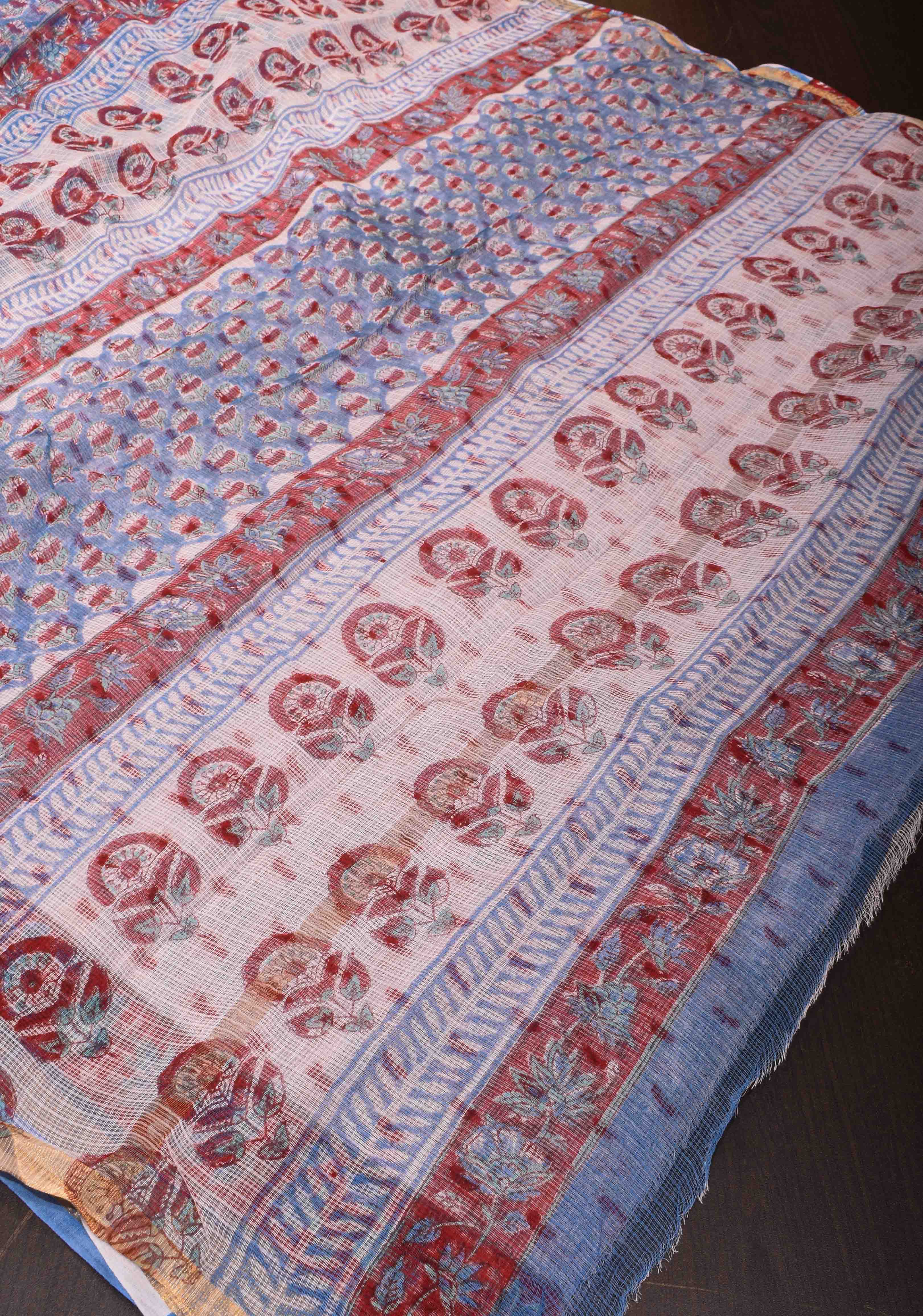 Blue Kota Doria Cotton Saree with Sanganeri Hand Block Print | Shobitam