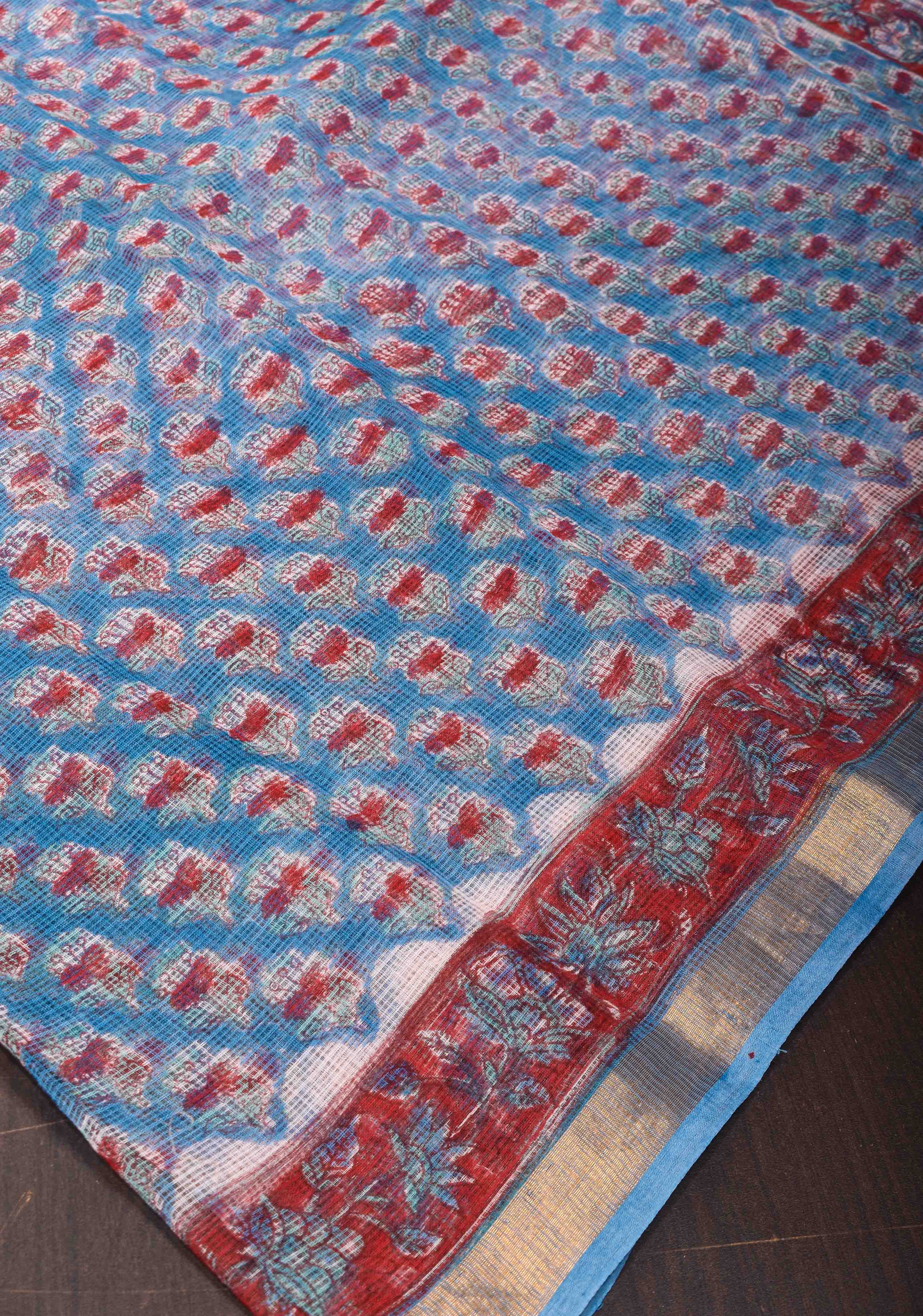 Blue Kota Doria Cotton Saree with Sanganeri Hand Block Print | Shobitam