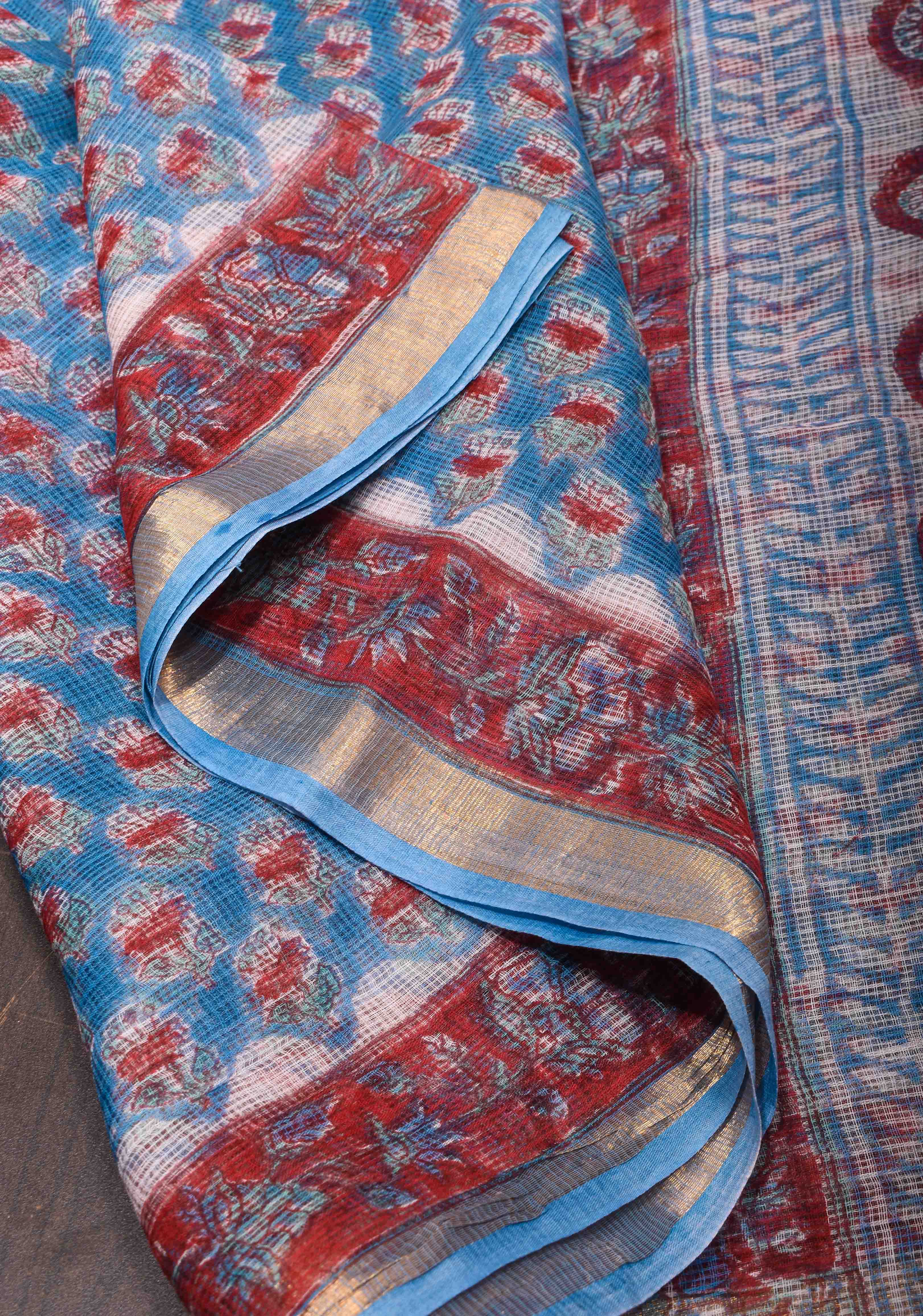 Blue Kota Doria Cotton Saree with Sanganeri Hand Block Print | Shobitam