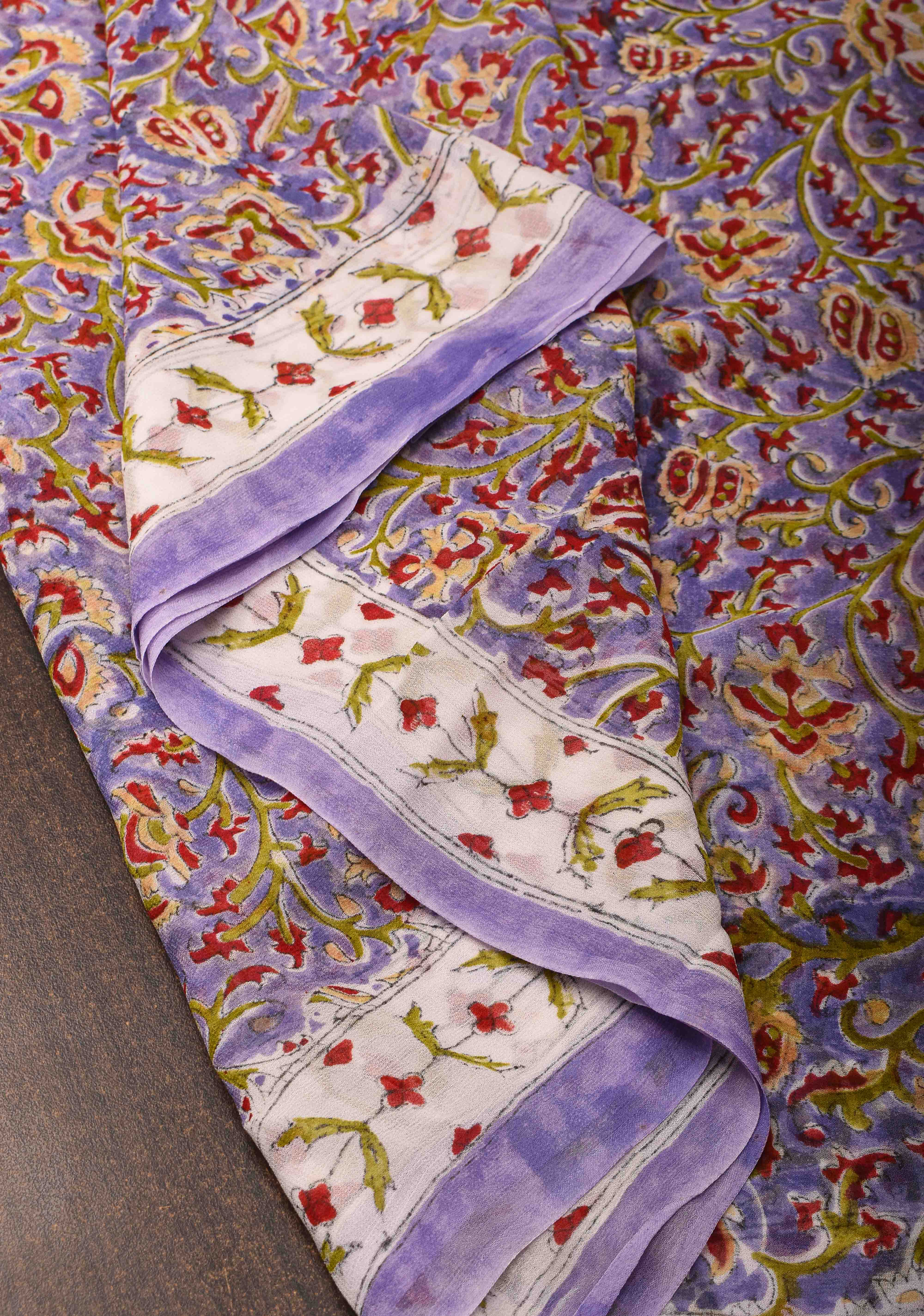 Lilac Georgette Saree with Sanganeri Hand Block Print