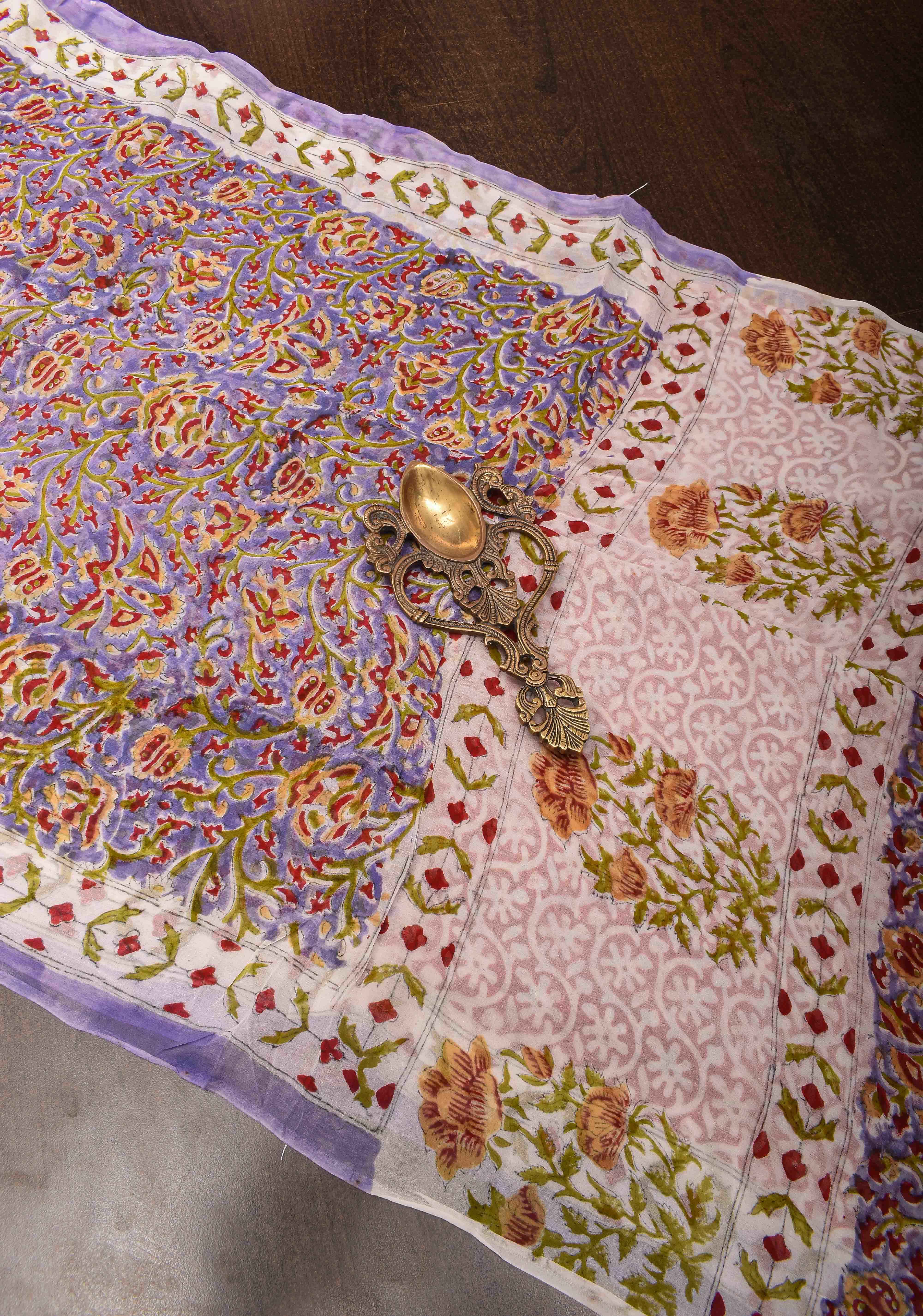 Lilac Georgette Saree with Sanganeri Hand Block Print