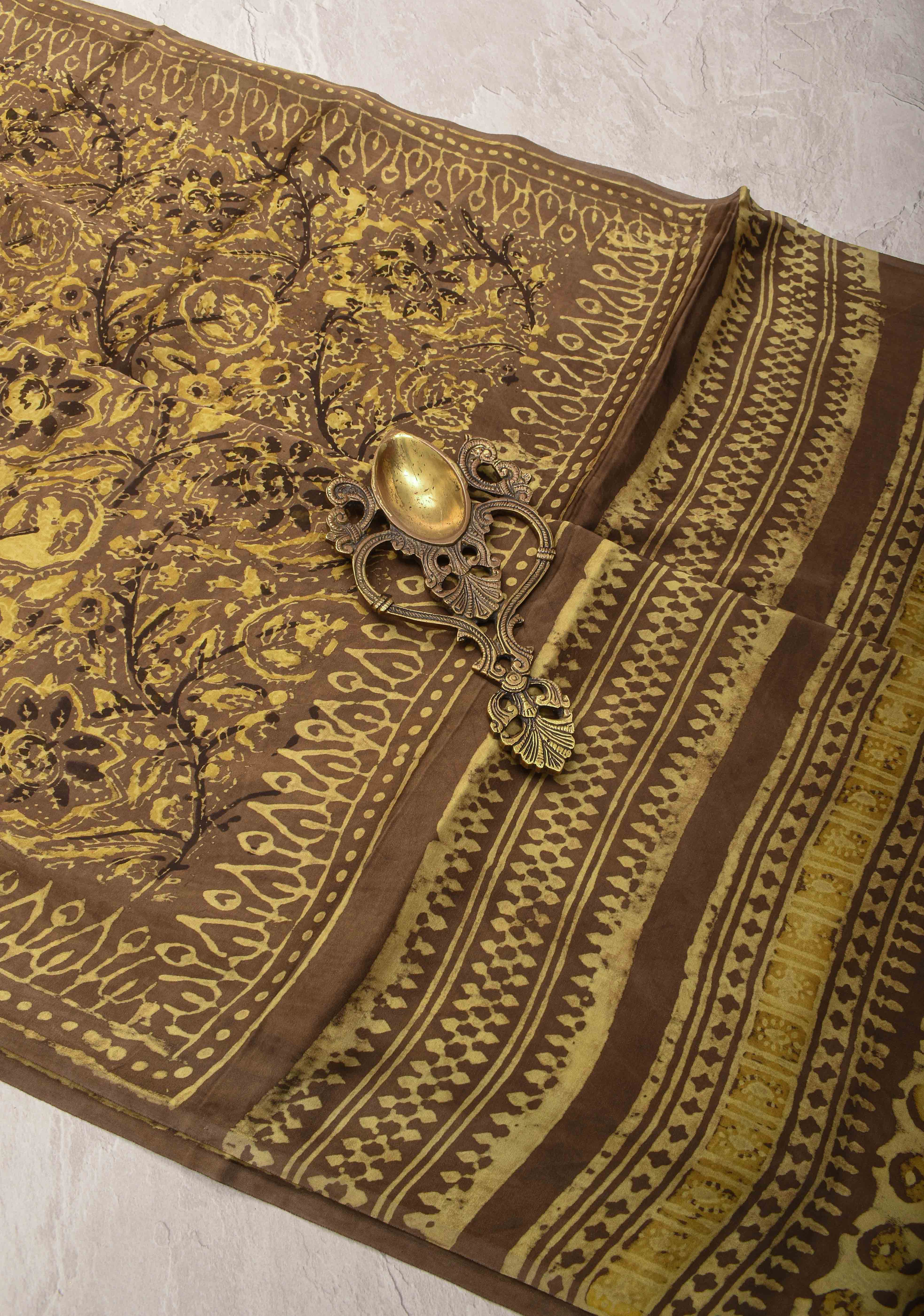 Ochre Vanaspati Hand Block Print on Modal Silk Saree | Shobitam