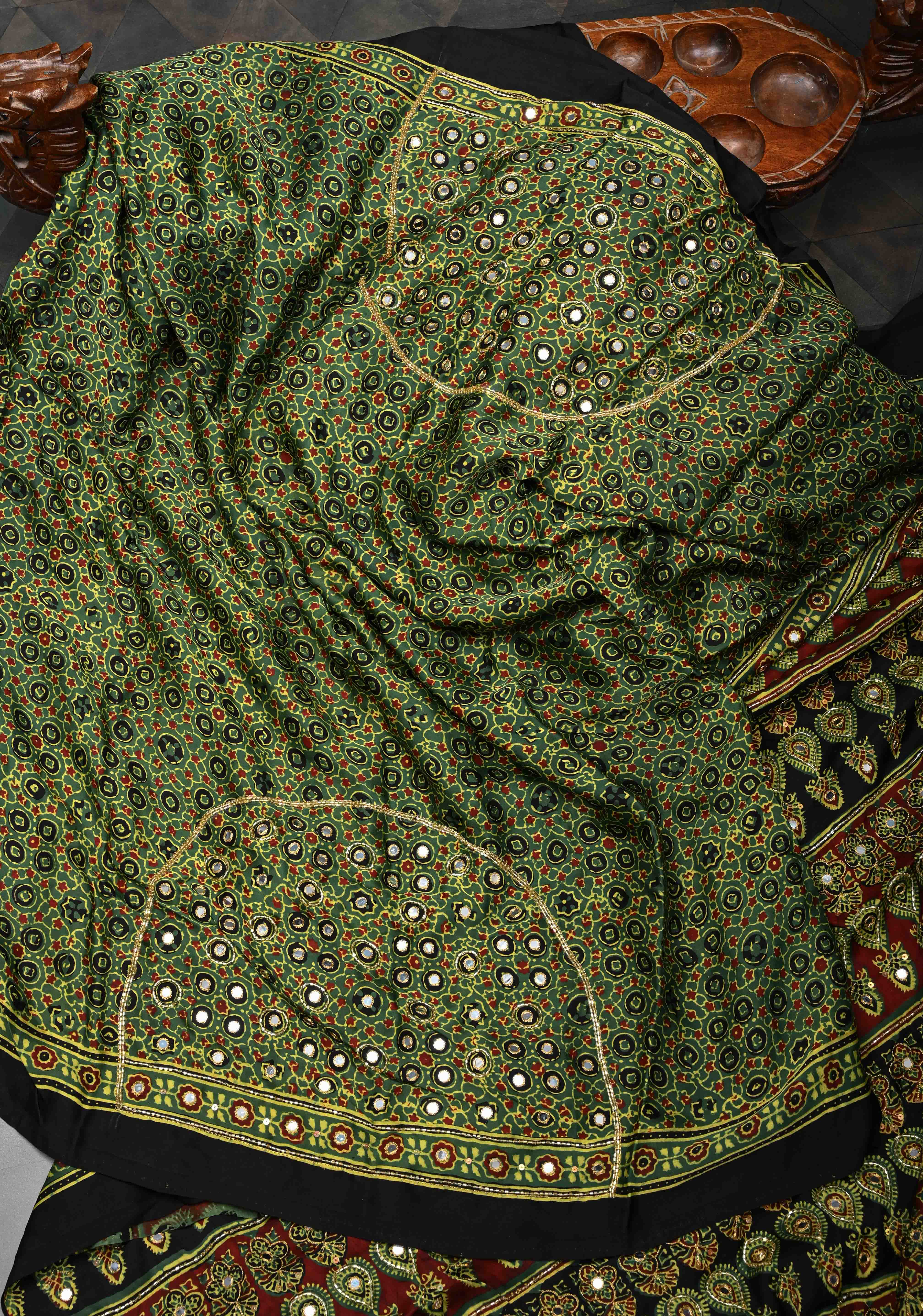 Ajrakh Hand Block Print on Green Modal Silk Saree with mirror and sequins Hand embroidery | Shobitam