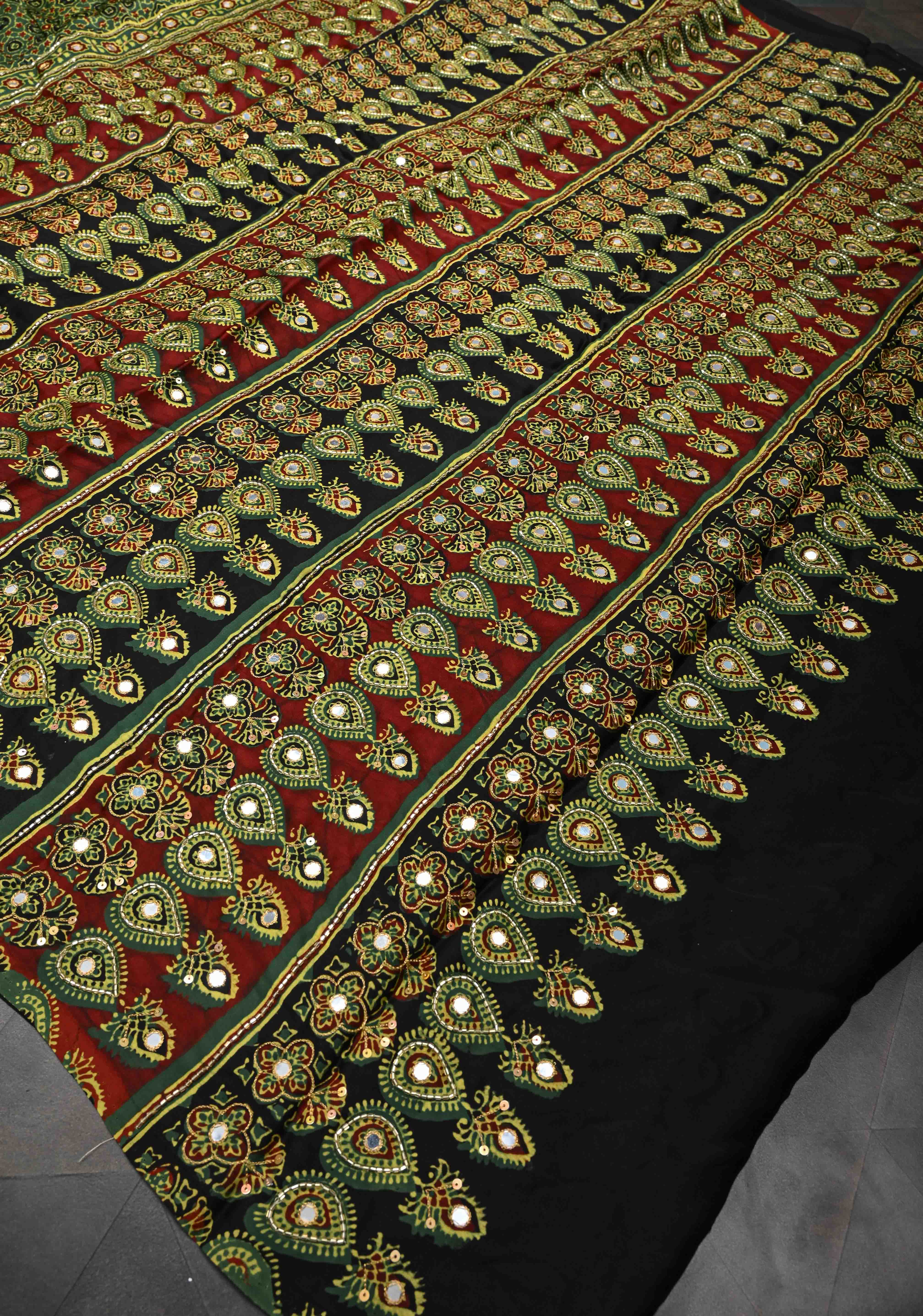 Ajrakh Hand Block Print on Green Modal Silk Saree with mirror and sequins Hand embroidery | Shobitam