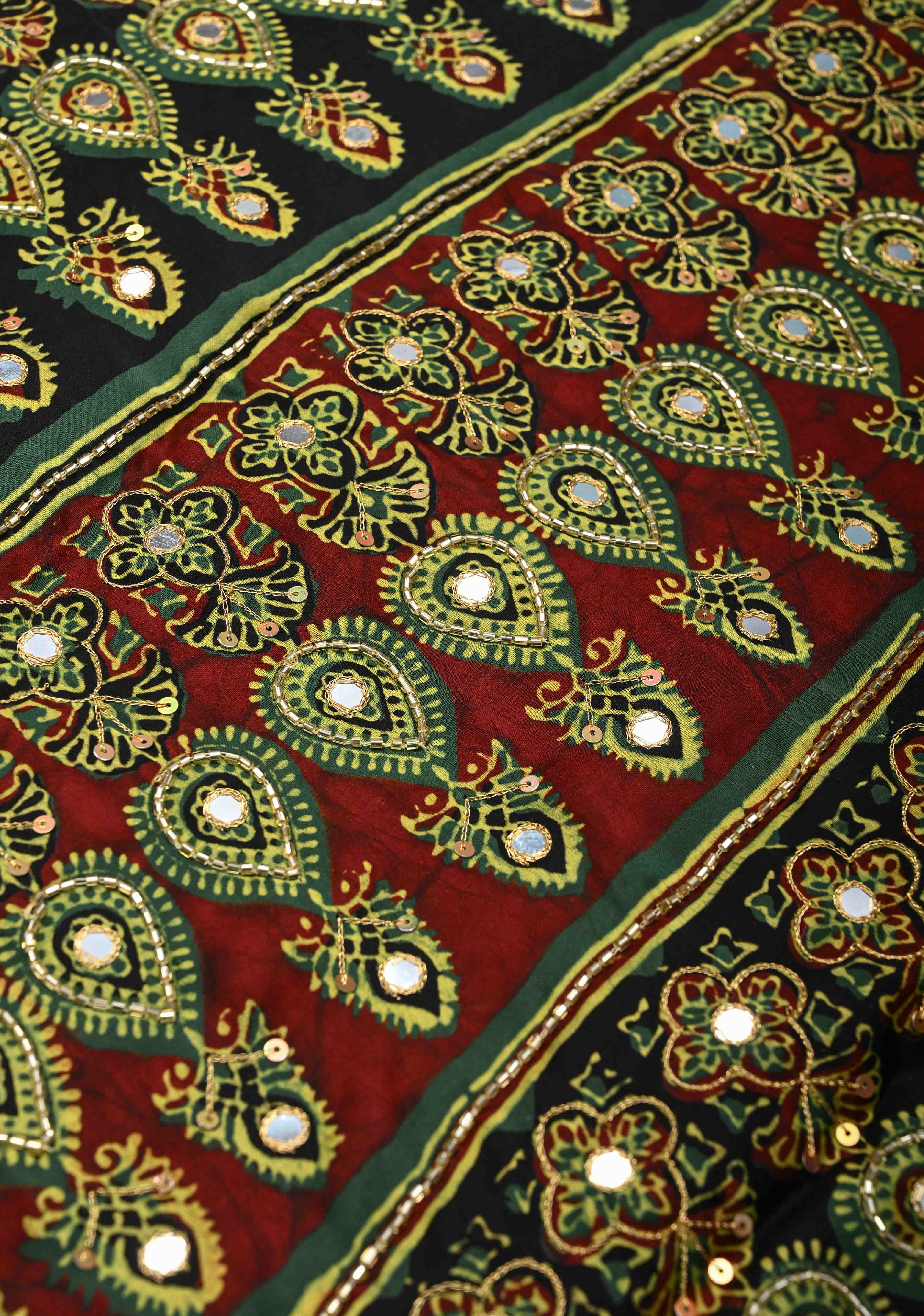 Ajrakh Hand Block Print on Green Modal Silk Saree with mirror and sequins Hand embroidery | Shobitam