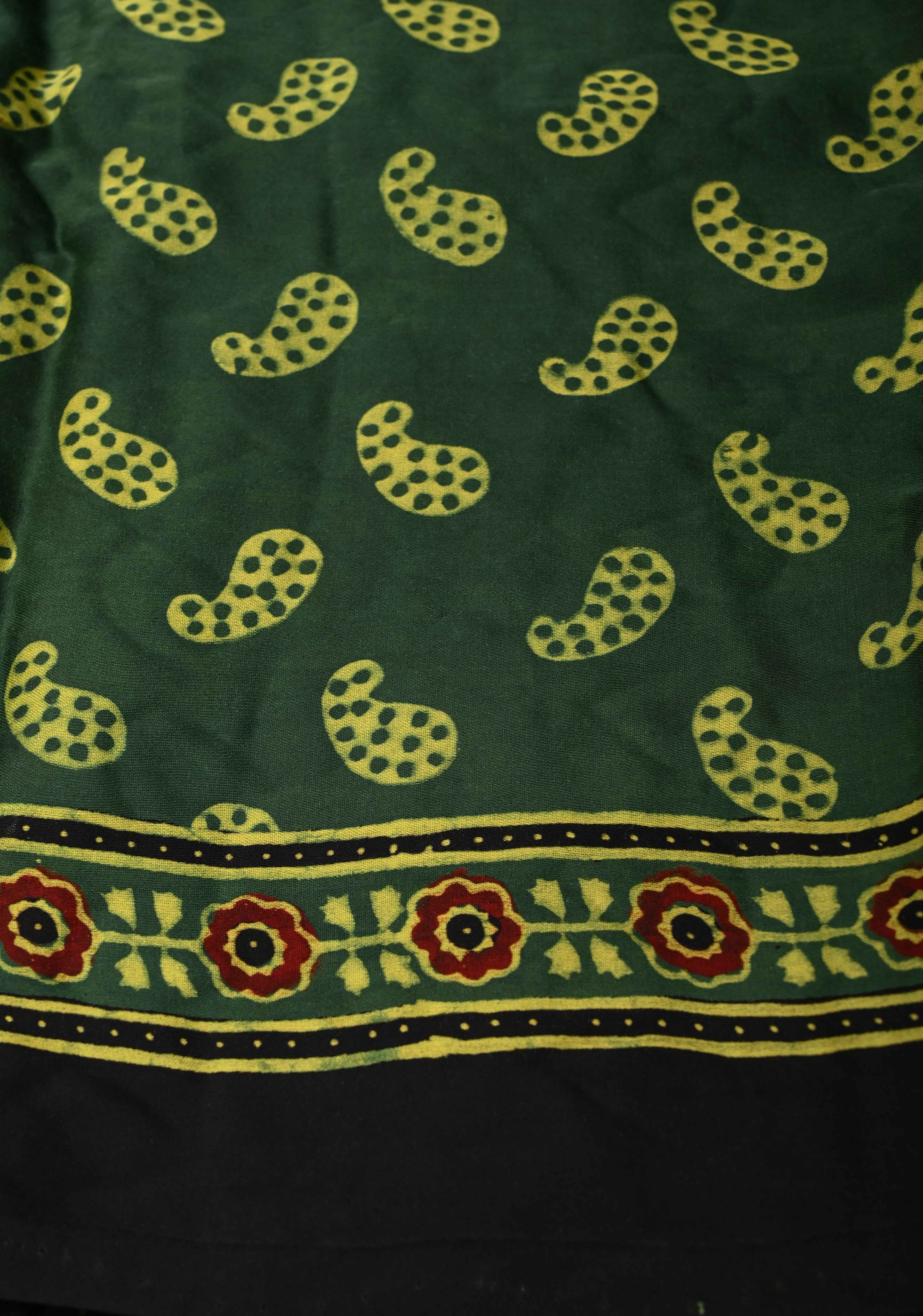 Ajrakh Hand Block Print on Green Modal Silk Saree with mirror and sequins Hand embroidery | Shobitam