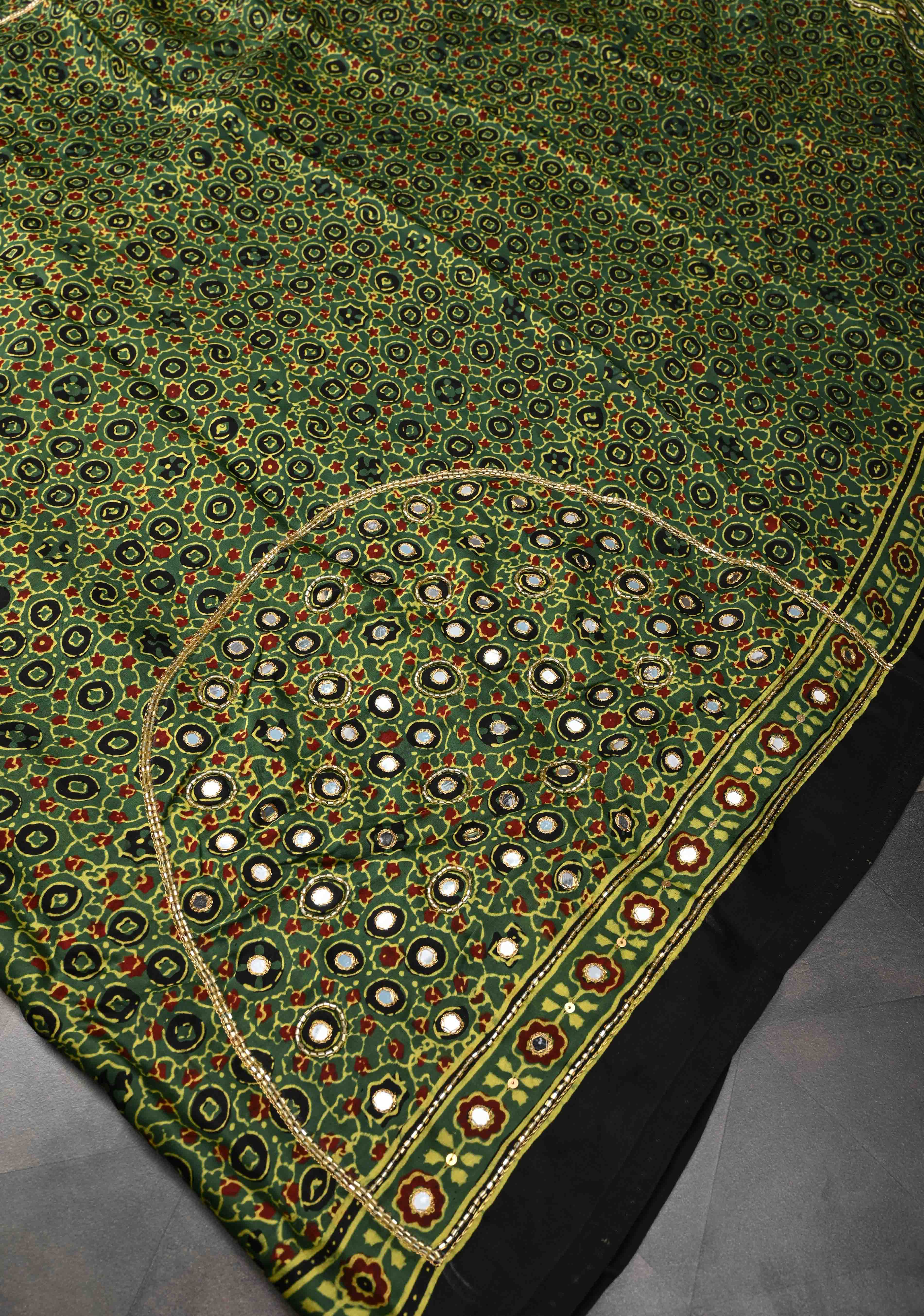 Ajrakh Hand Block Print on Green Modal Silk Saree with mirror and sequins Hand embroidery | Shobitam