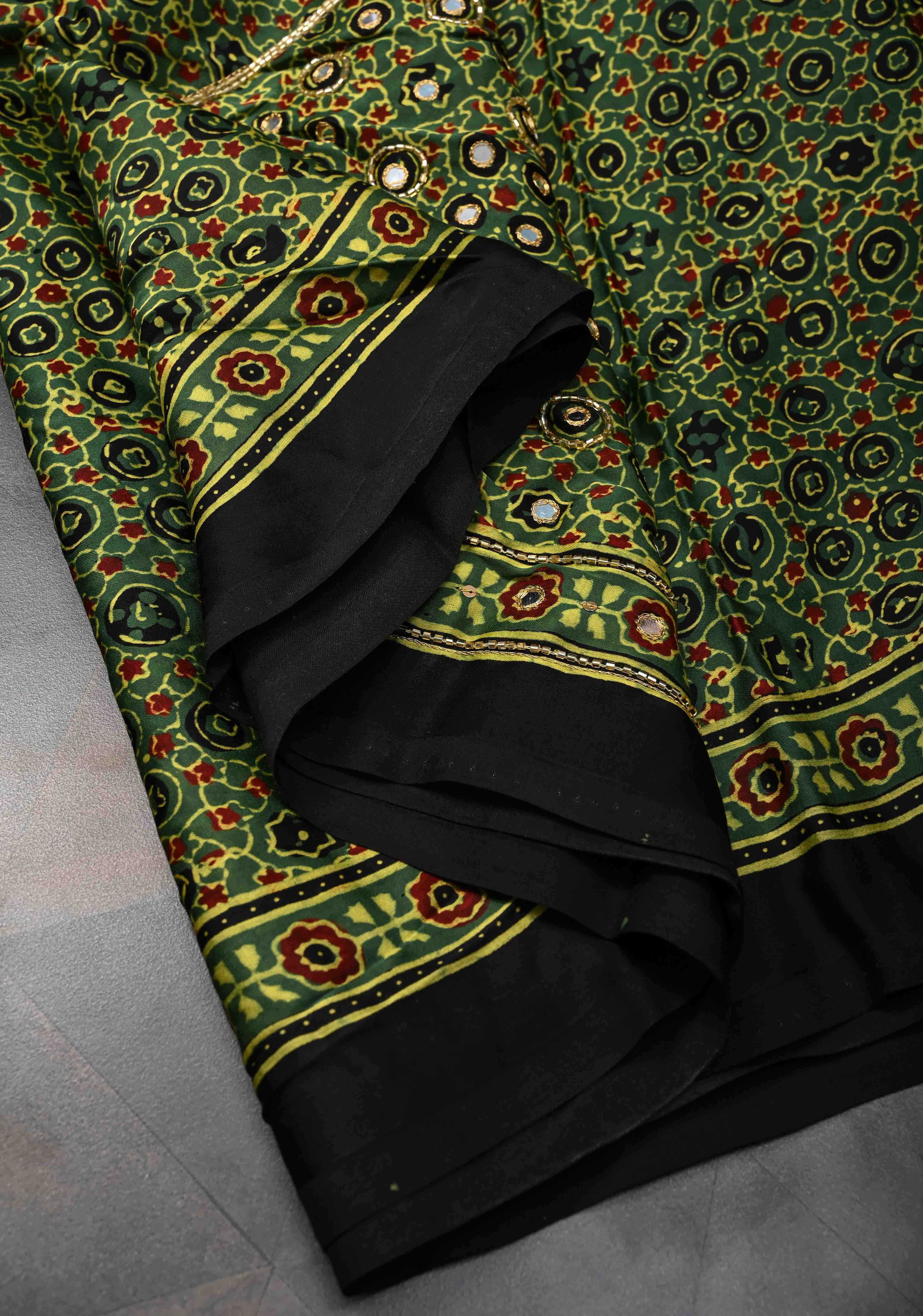 Ajrakh Hand Block Print on Green Modal Silk Saree with mirror and sequins Hand embroidery | Shobitam