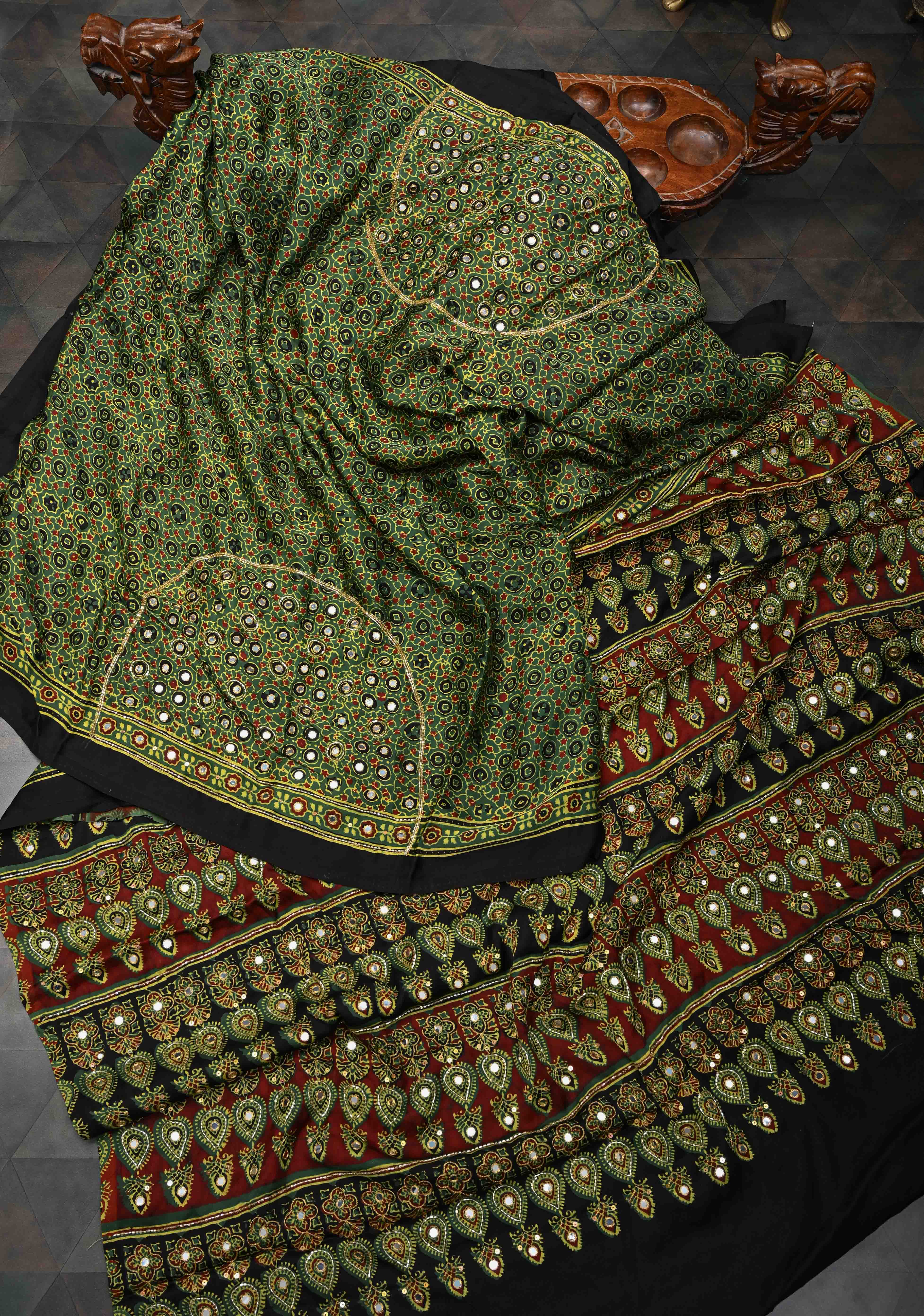Ajrakh Hand Block Print on Green Modal Silk Saree with mirror and sequins Hand embroidery | Shobitam