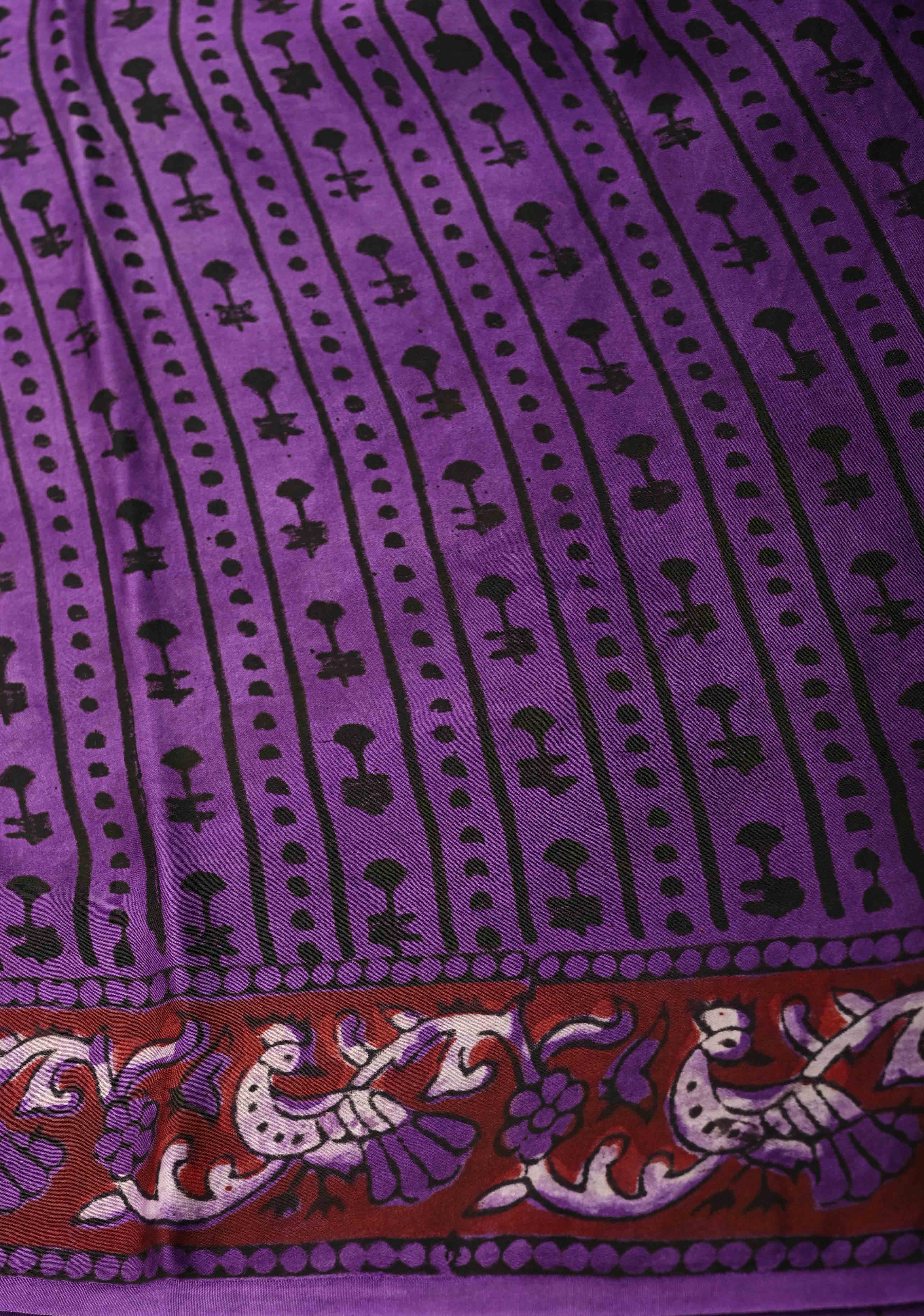 Purple Brown Modal Silk Saree with Vanaspati Floral Hand Block Print | Shobitam