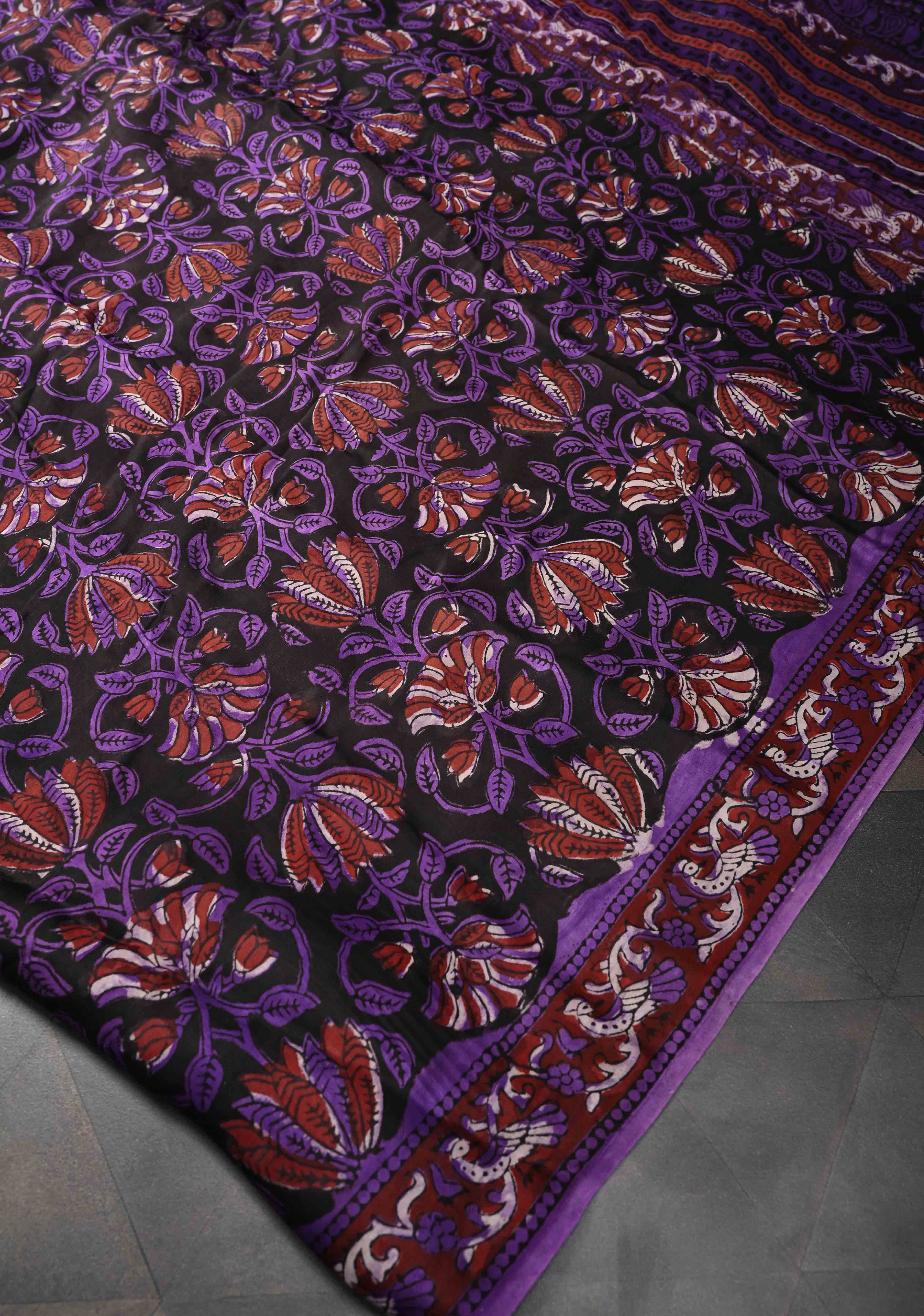 Purple Brown Modal Silk Saree with Vanaspati Floral Hand Block Print | Shobitam