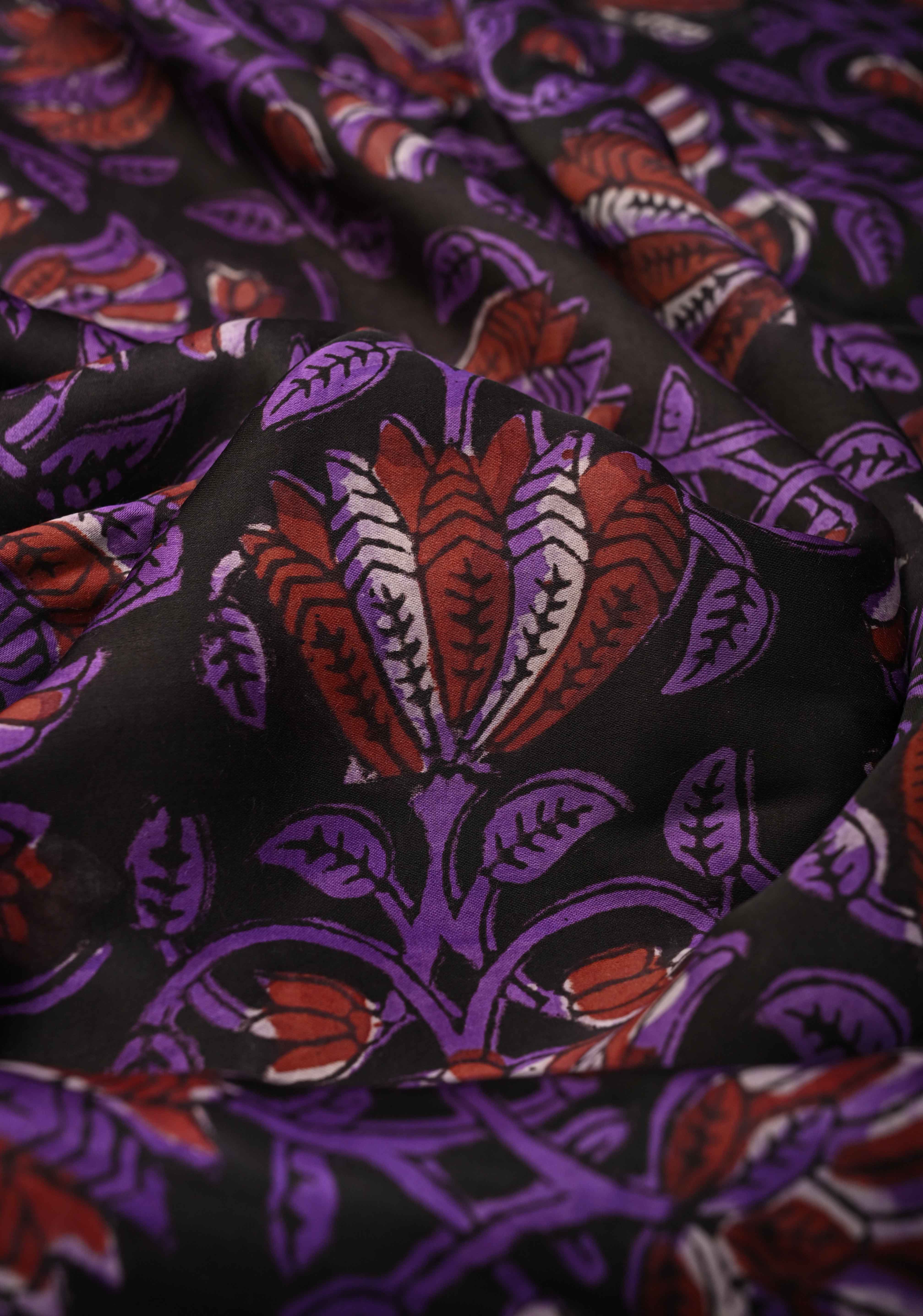 Purple Brown Modal Silk Saree with Vanaspati Floral Hand Block Print | Shobitam