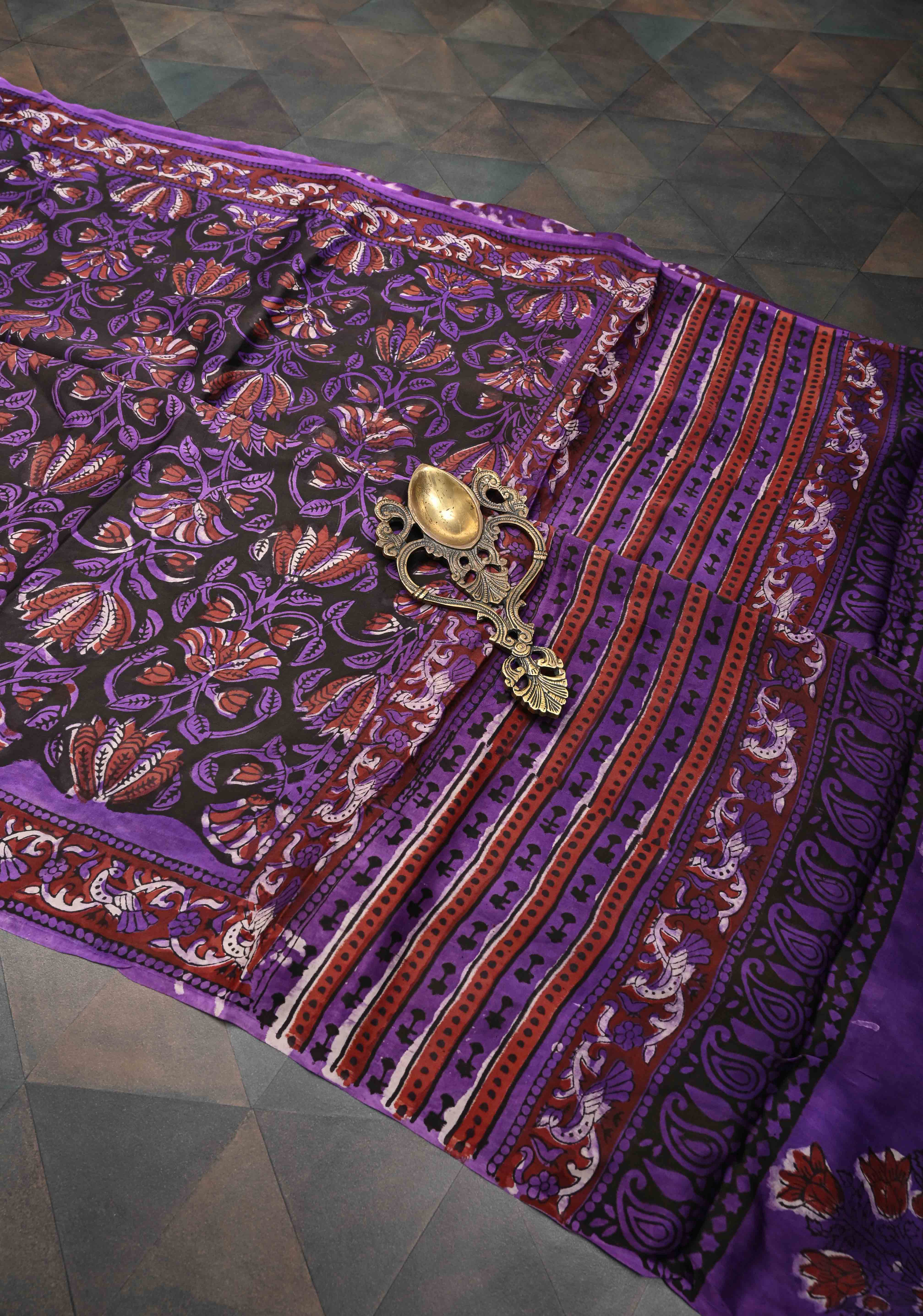 Purple Brown Modal Silk Saree with Vanaspati Floral Hand Block Print | Shobitam