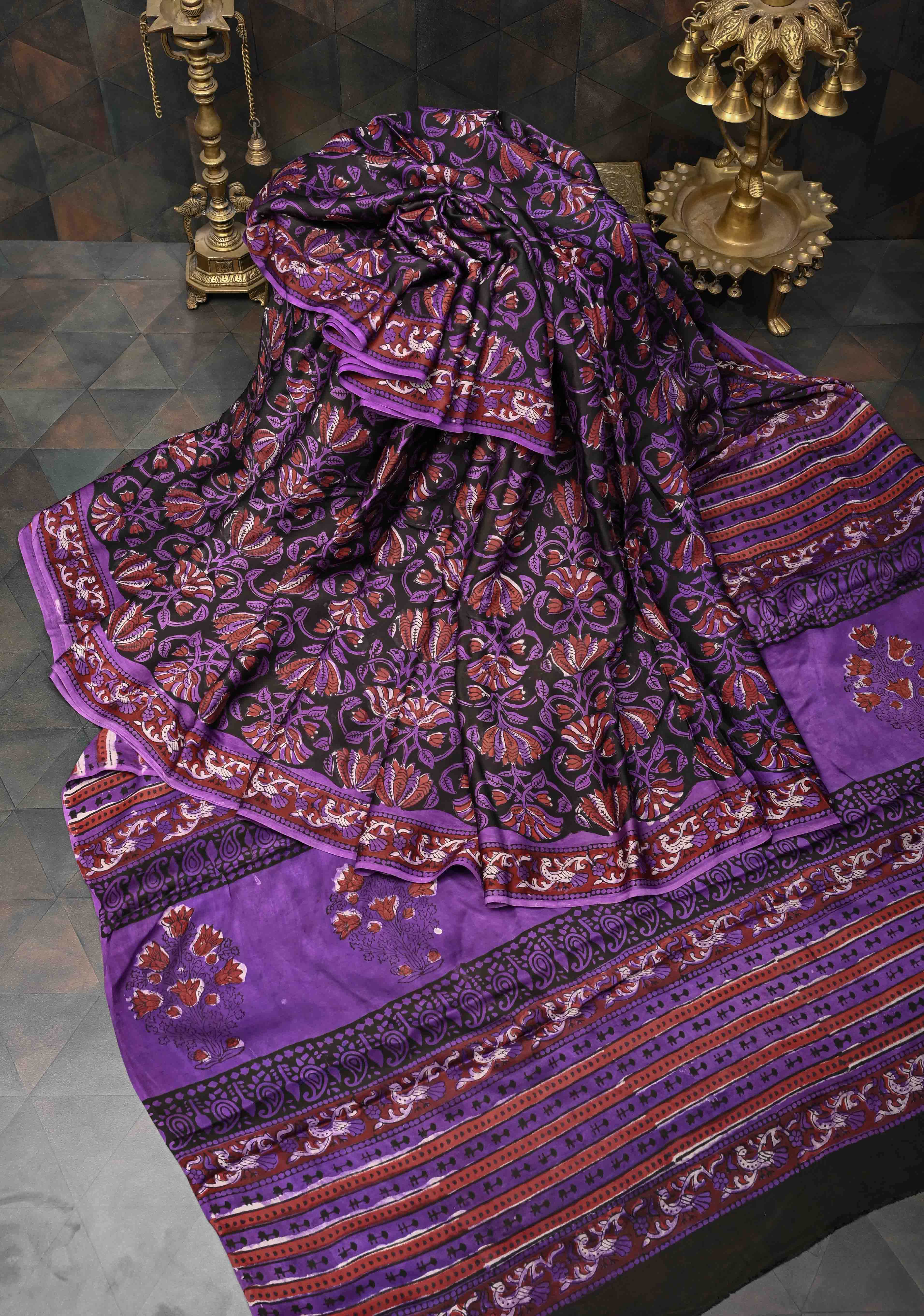 Purple Brown Modal Silk Saree with Vanaspati Floral Hand Block Print | Shobitam