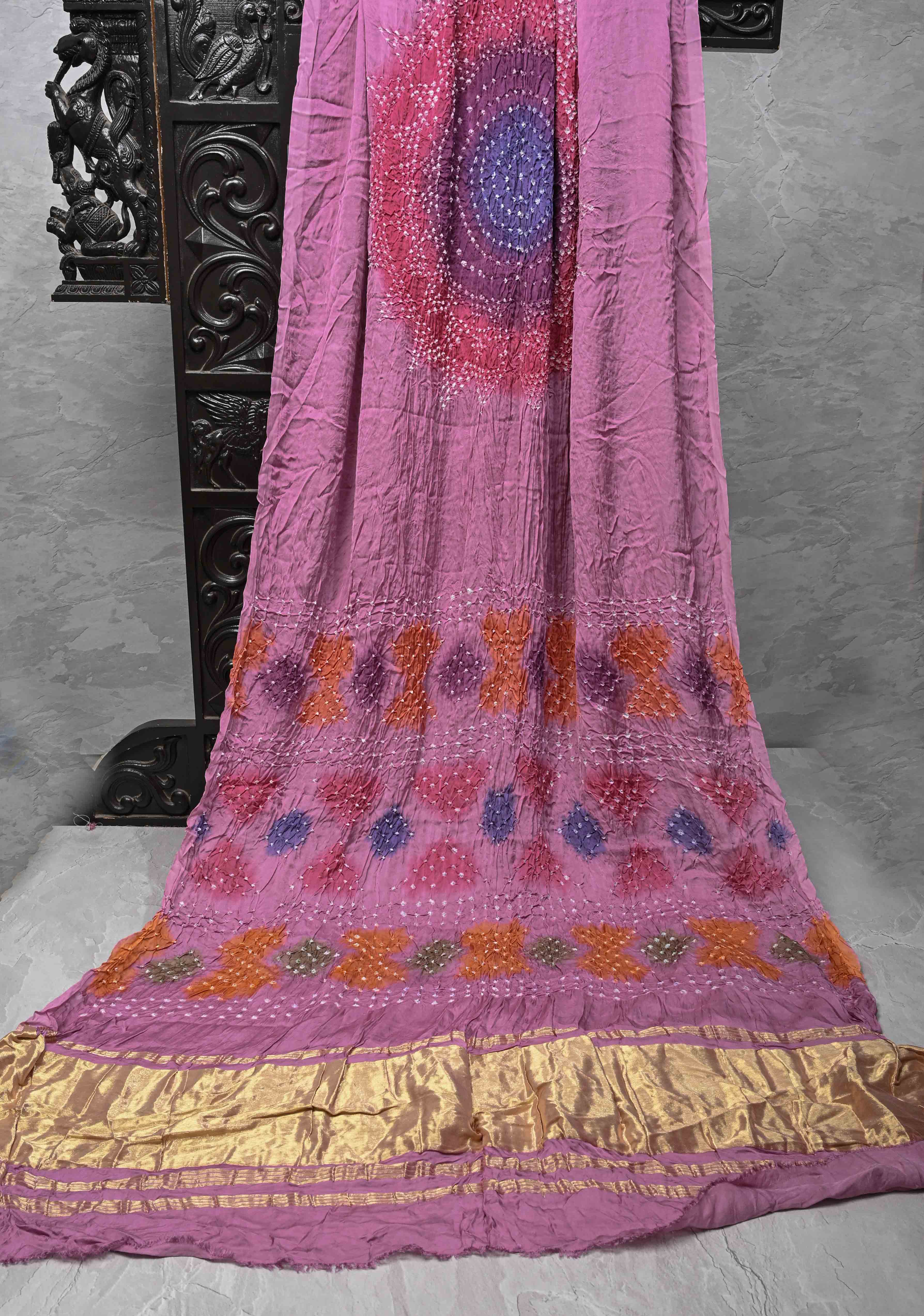 Pink Hand Dye with bandhni design on Modal Silk Saree with crushed Pallu | Shobitam