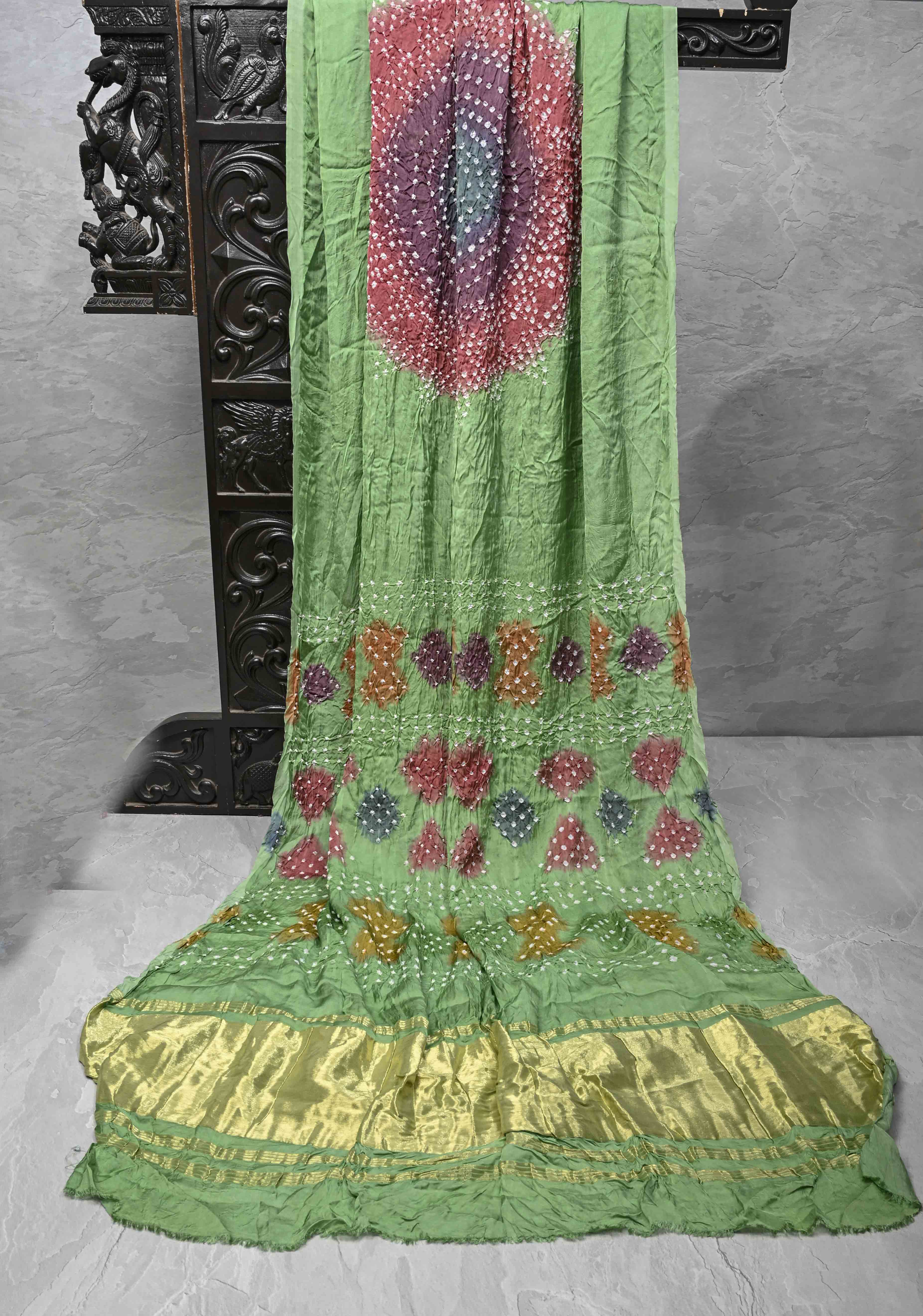 Tea Green Hand Shibori mandala Dye and bandhej design on Modal Silk Saree with crushed Pallu | Shobitam