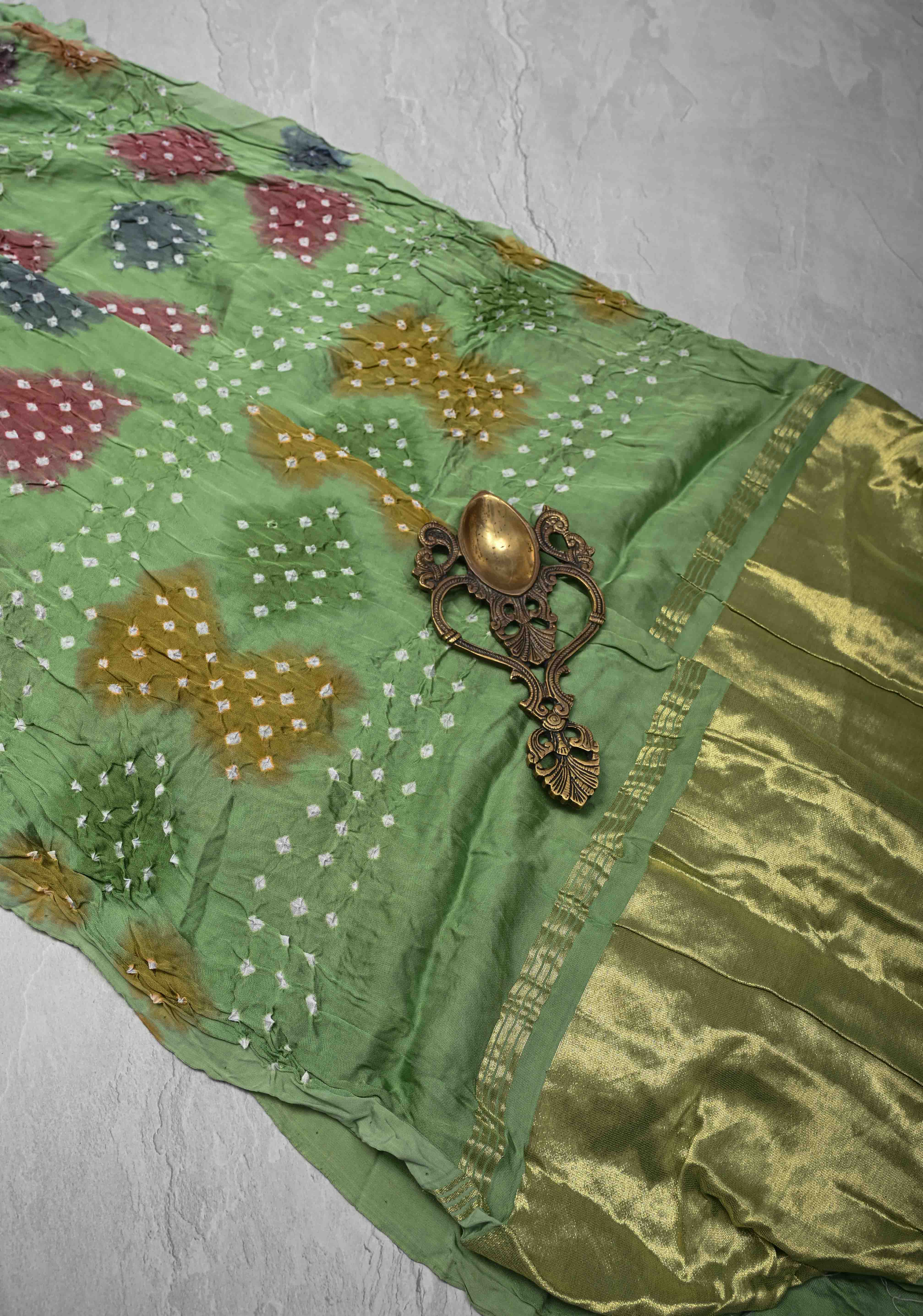 Tea Green Hand Shibori mandala Dye and bandhej design on Modal Silk Saree with crushed Pallu | Shobitam