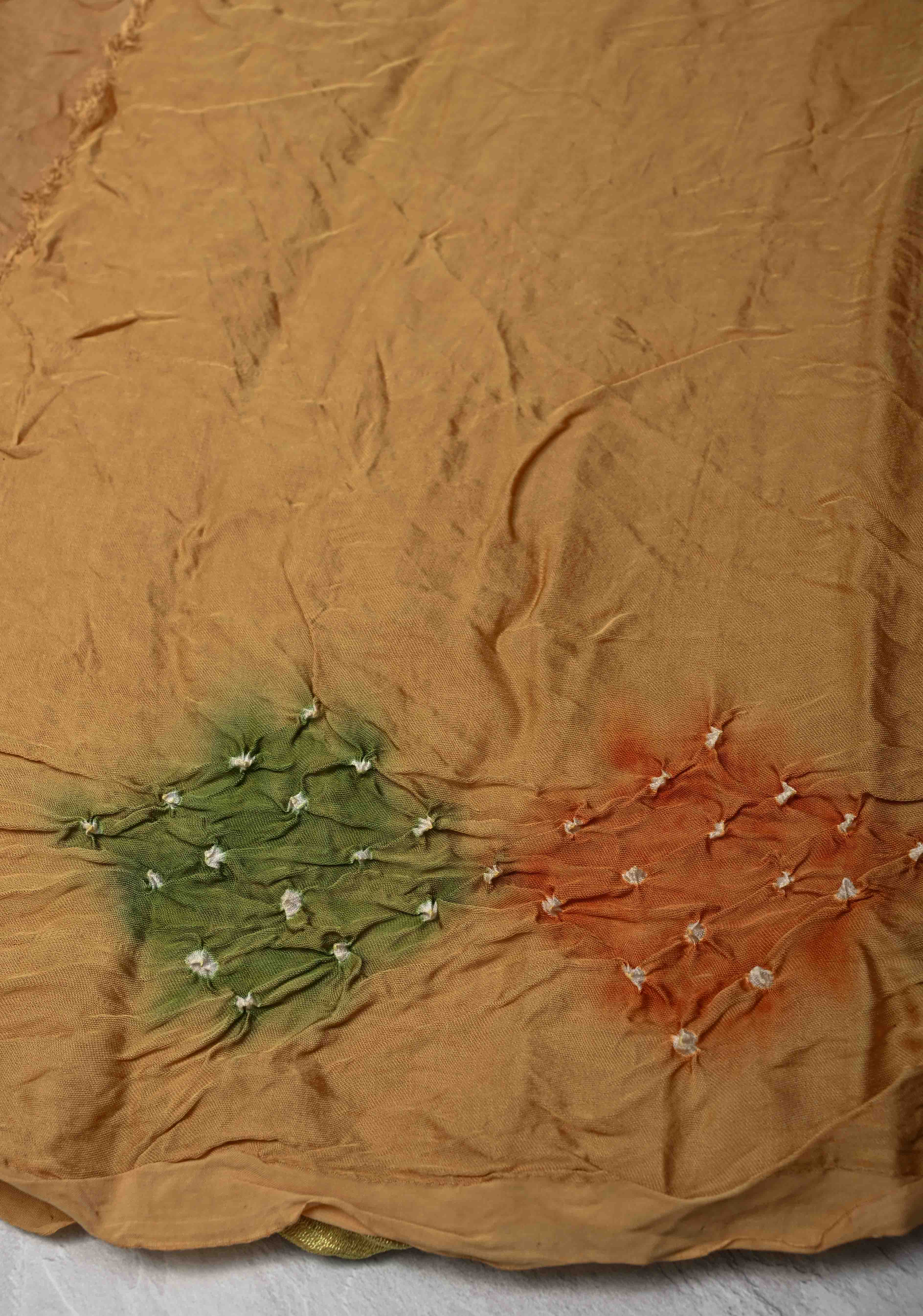 Sandalwood Hand Shibori mandala Dye and bandhej design on Modal Silk Saree with crushed Pallu | Shobitam