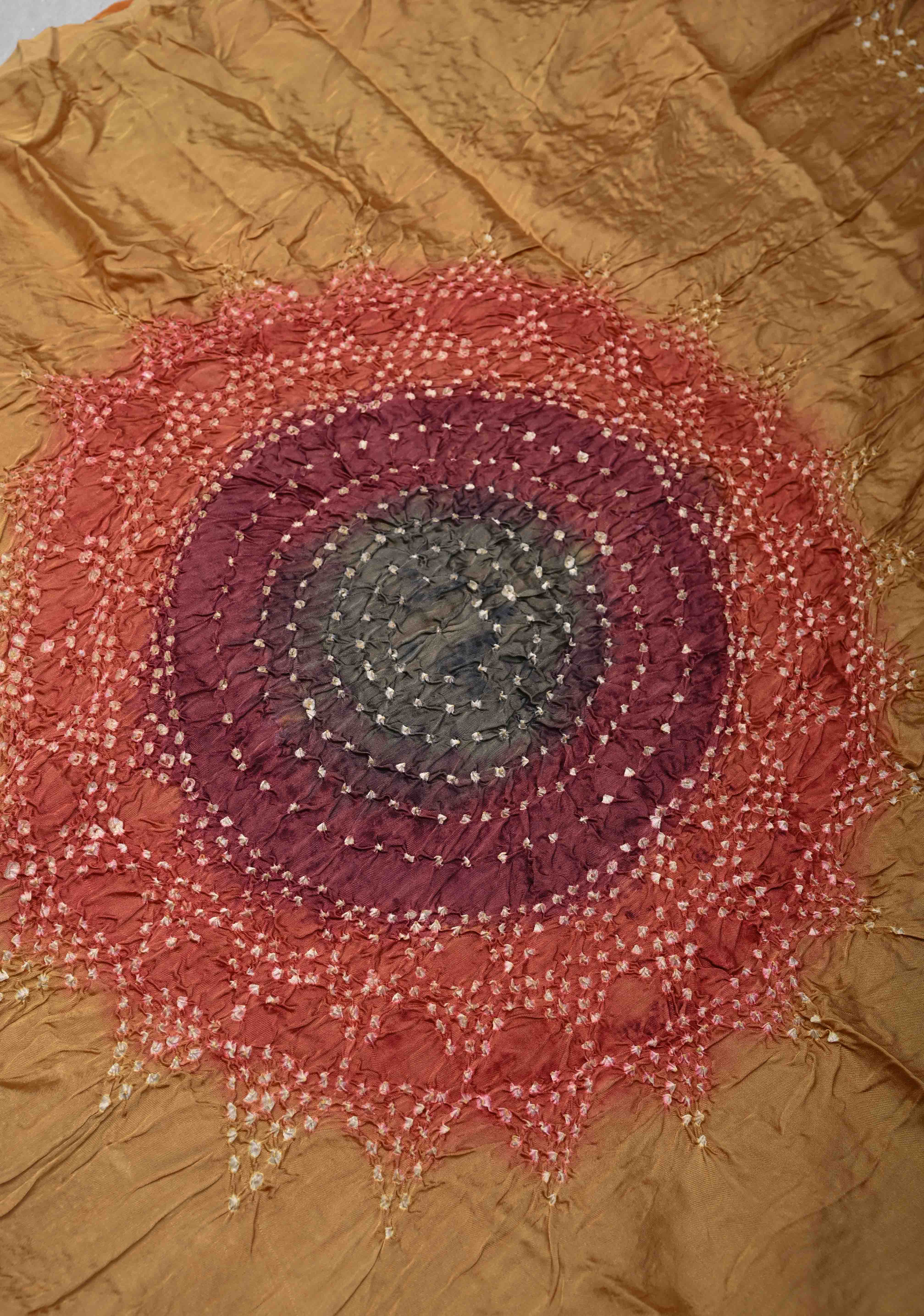 Sandalwood Hand Shibori mandala Dye and bandhej design on Modal Silk Saree with crushed Pallu | Shobitam