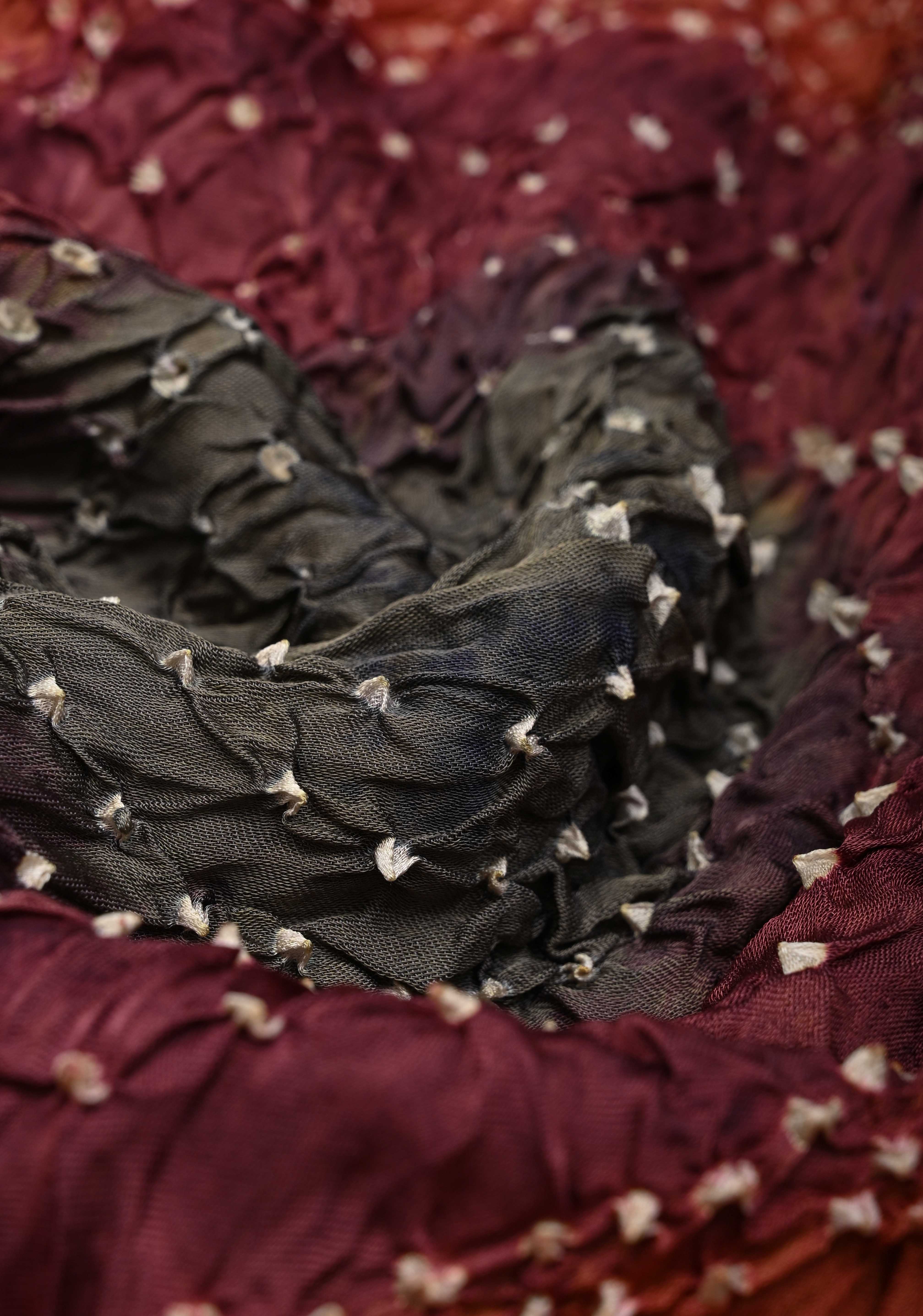 Sandalwood Hand Shibori mandala Dye and bandhej design on Modal Silk Saree with crushed Pallu | Shobitam