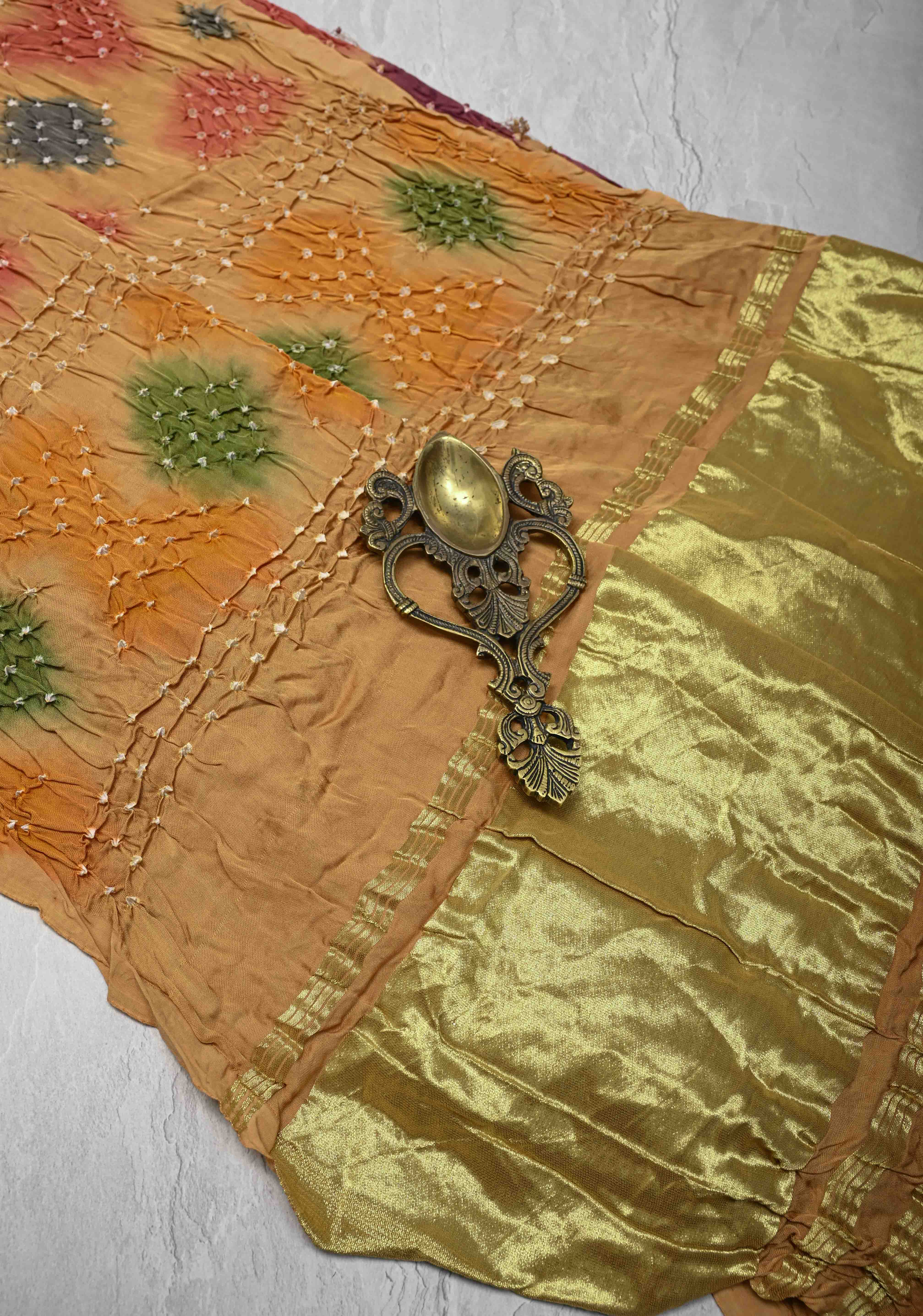 Sandalwood Hand Shibori mandala Dye and bandhej design on Modal Silk Saree with crushed Pallu | Shobitam