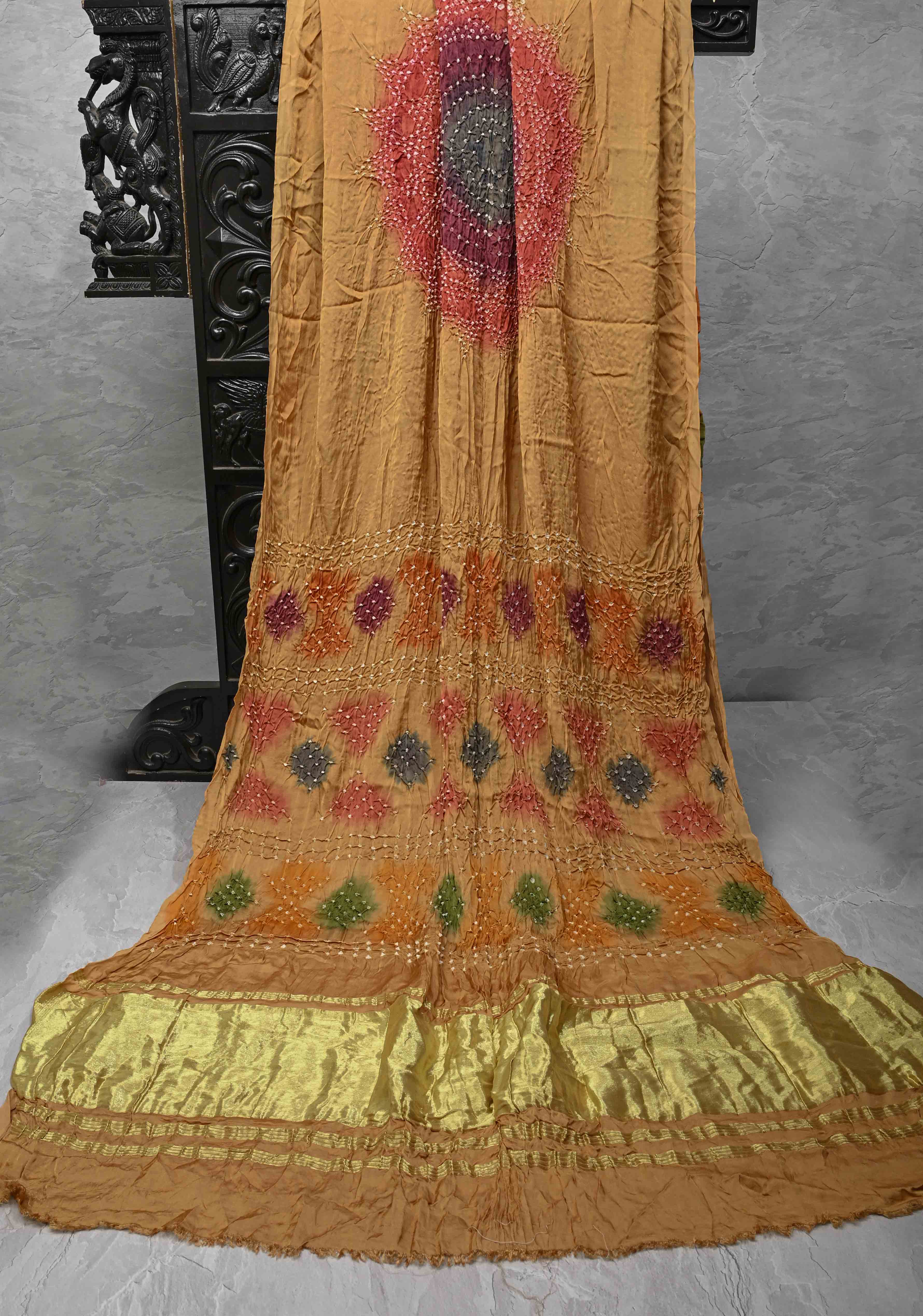 Sandalwood Hand Shibori mandala Dye and bandhej design on Modal Silk Saree with crushed Pallu | Shobitam