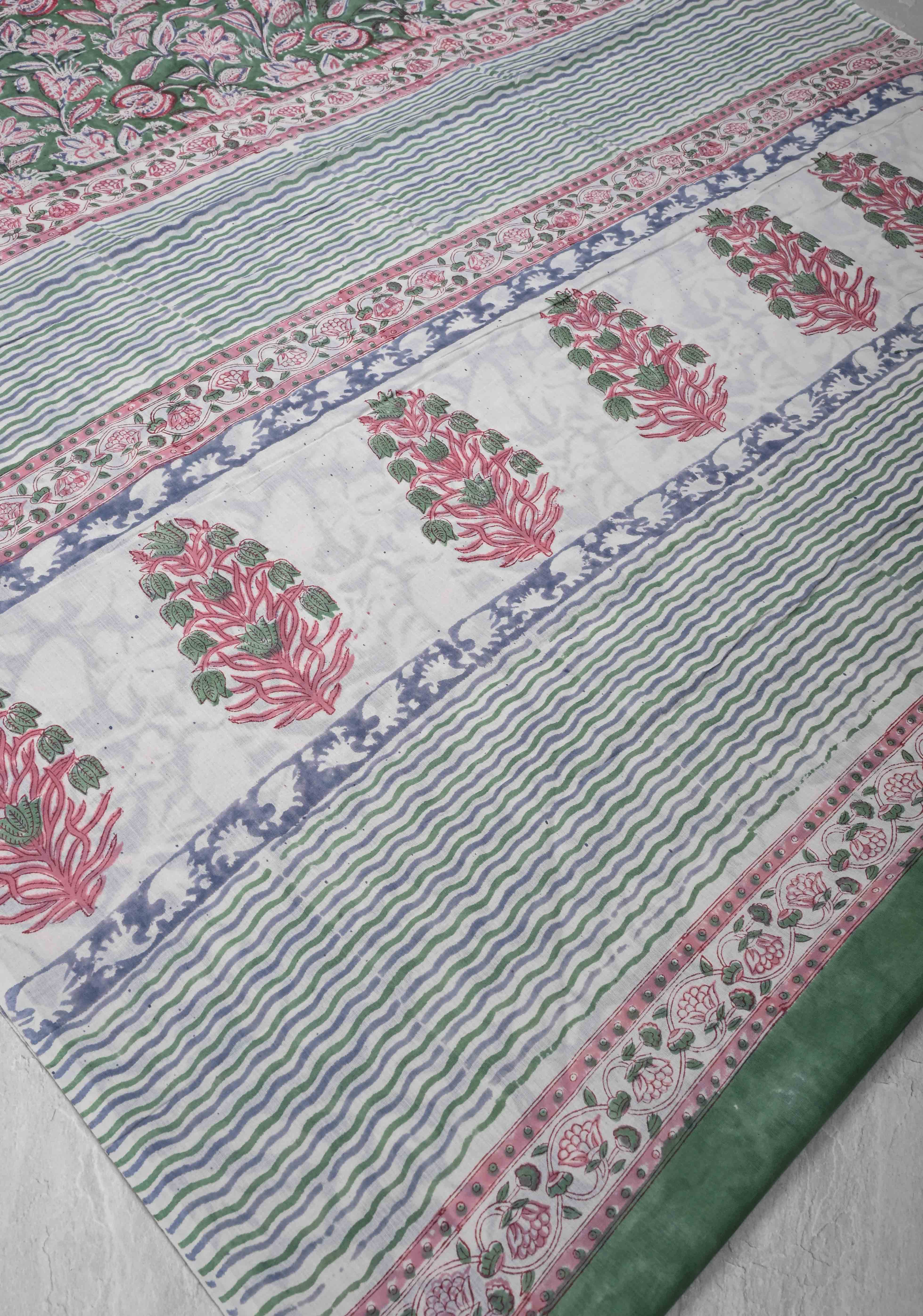 Green Chanderi Cotton Silk Saree with Sanganeri Floral Hand Block Print | Shobitam