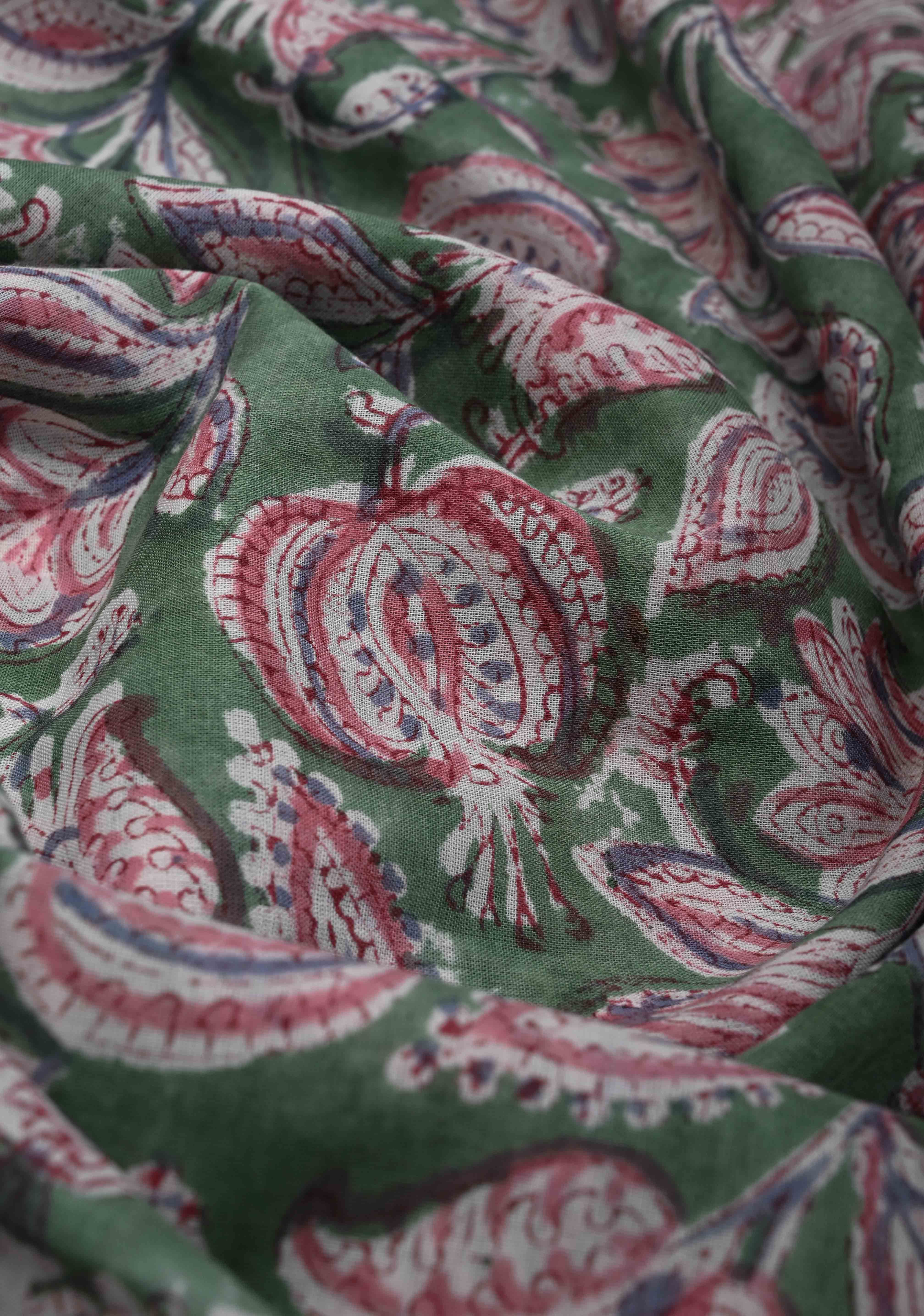 Green Chanderi Cotton Silk Saree with Sanganeri Floral Hand Block Print | Shobitam