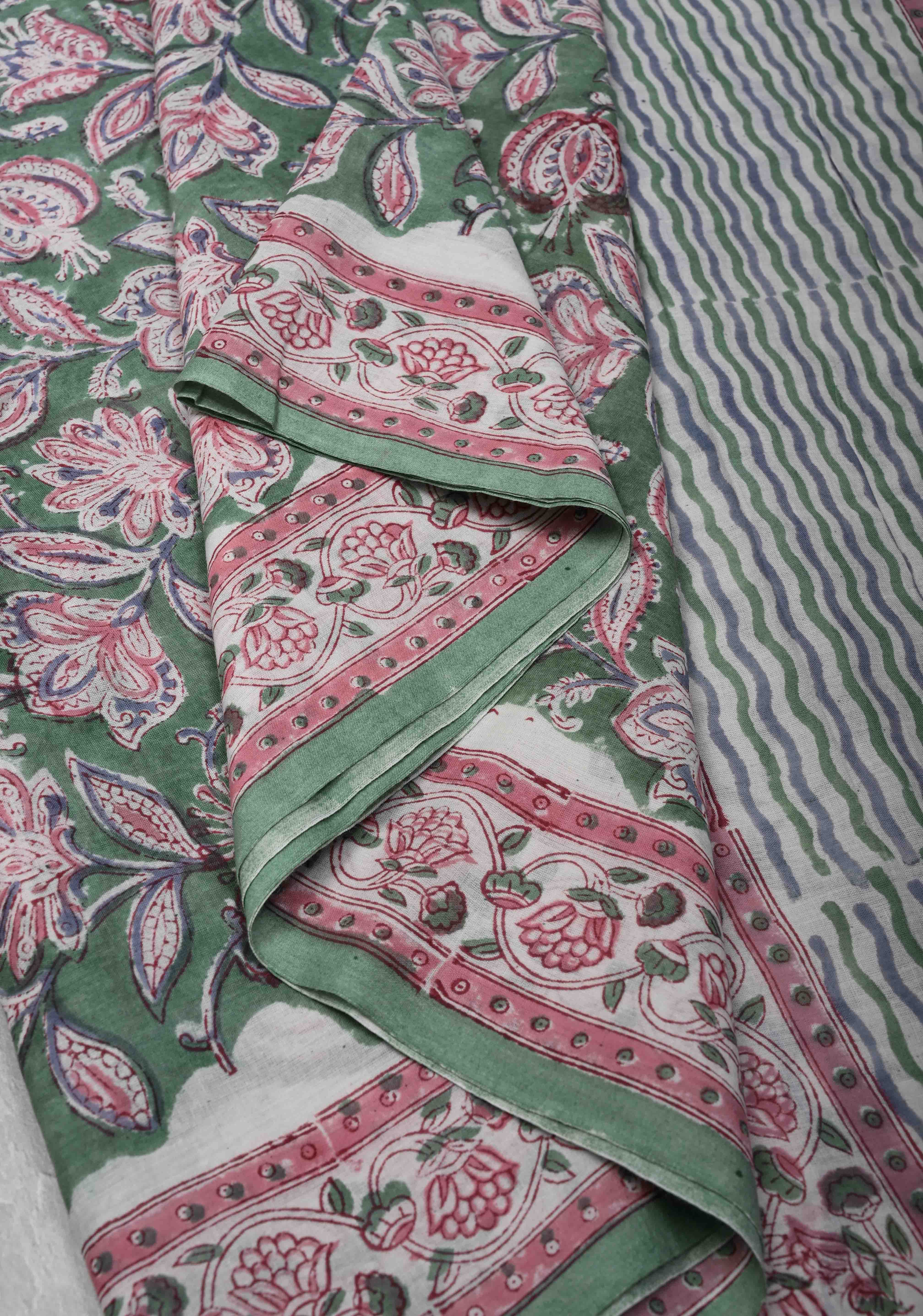 Green Chanderi Cotton Silk Saree with Sanganeri Floral Hand Block Print | Shobitam