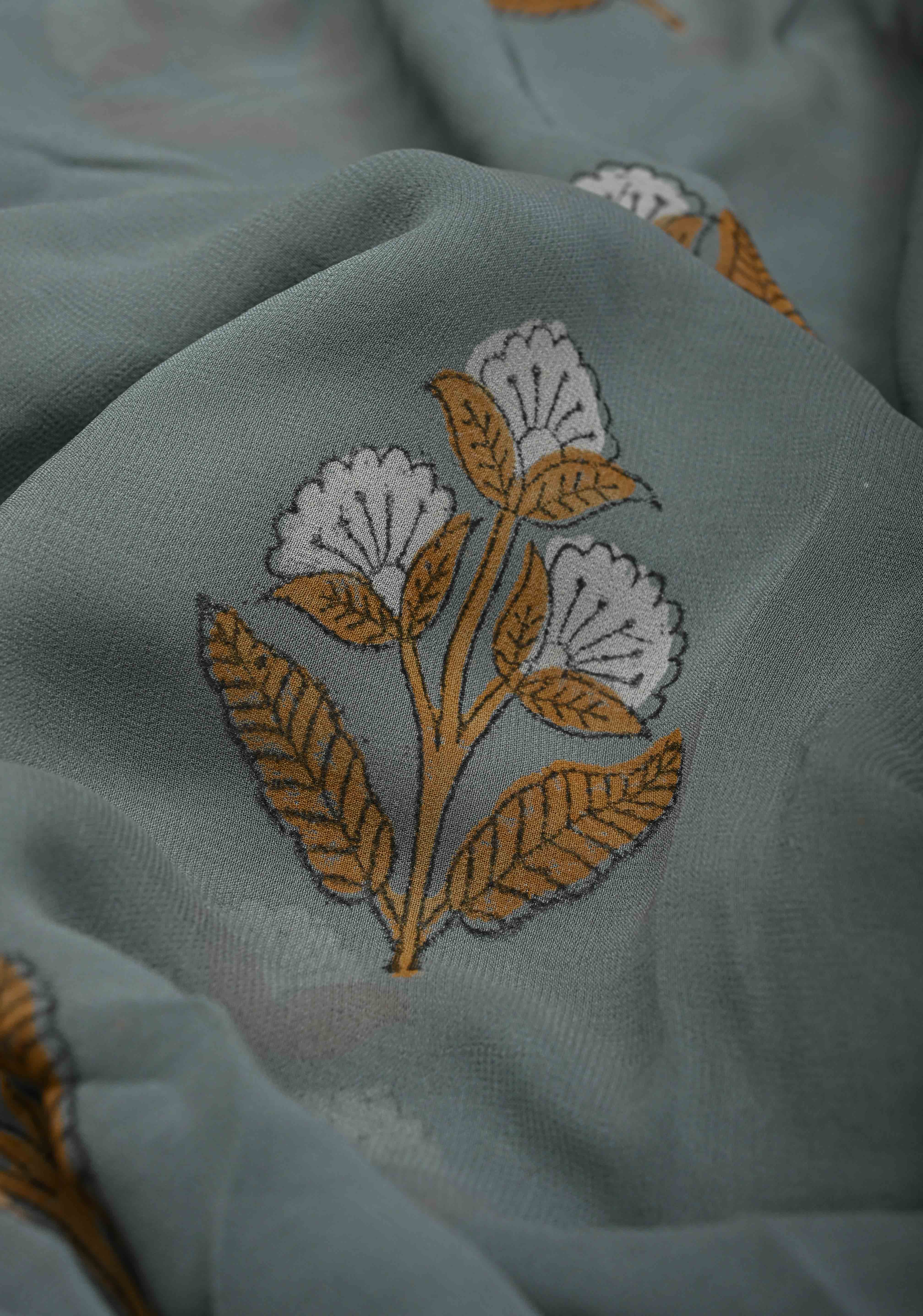 Gray Georgette Saree with Sanganeri Hand Block Print | Shobitam