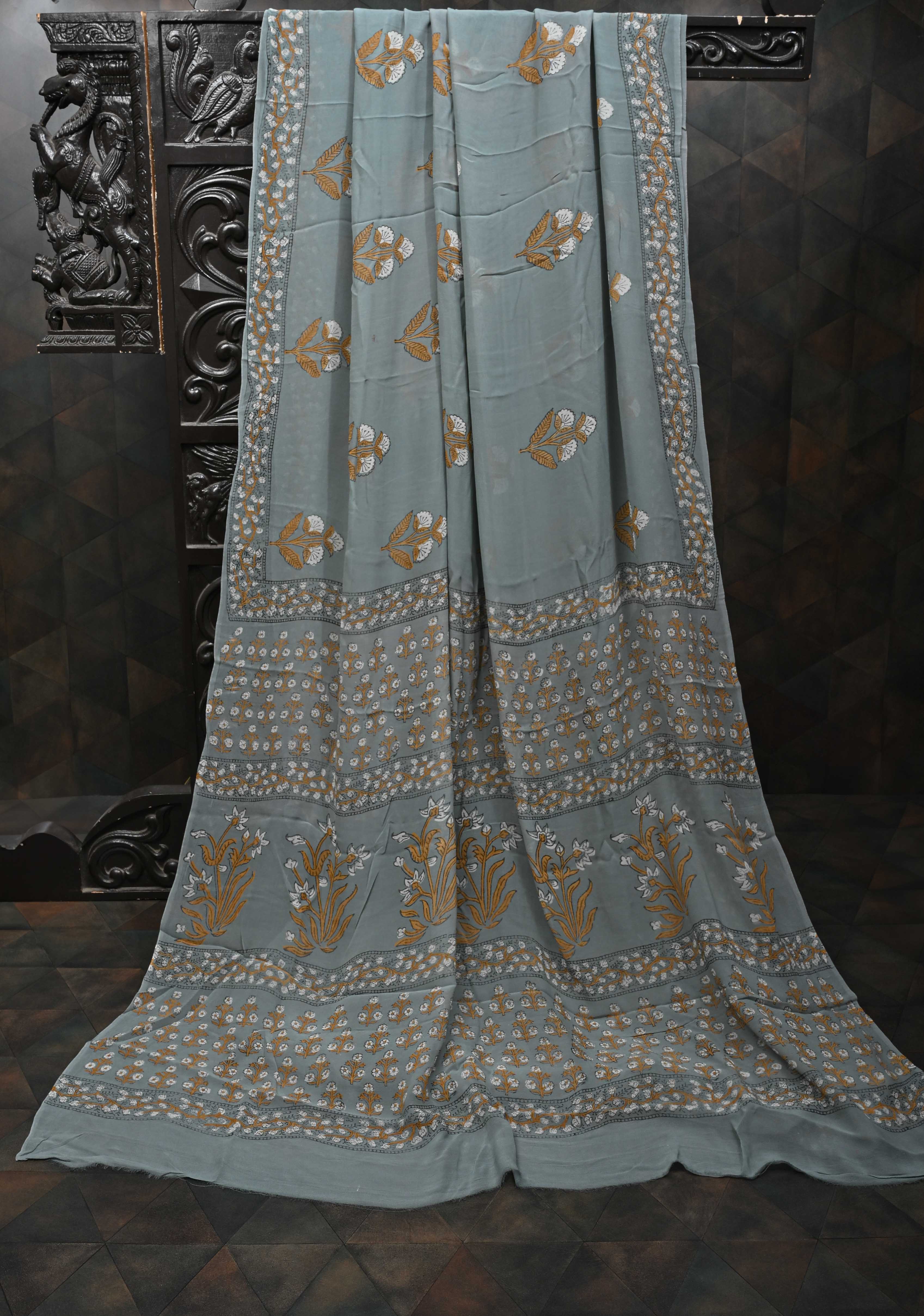 Gray Georgette Saree with Sanganeri Hand Block Print | Shobitam