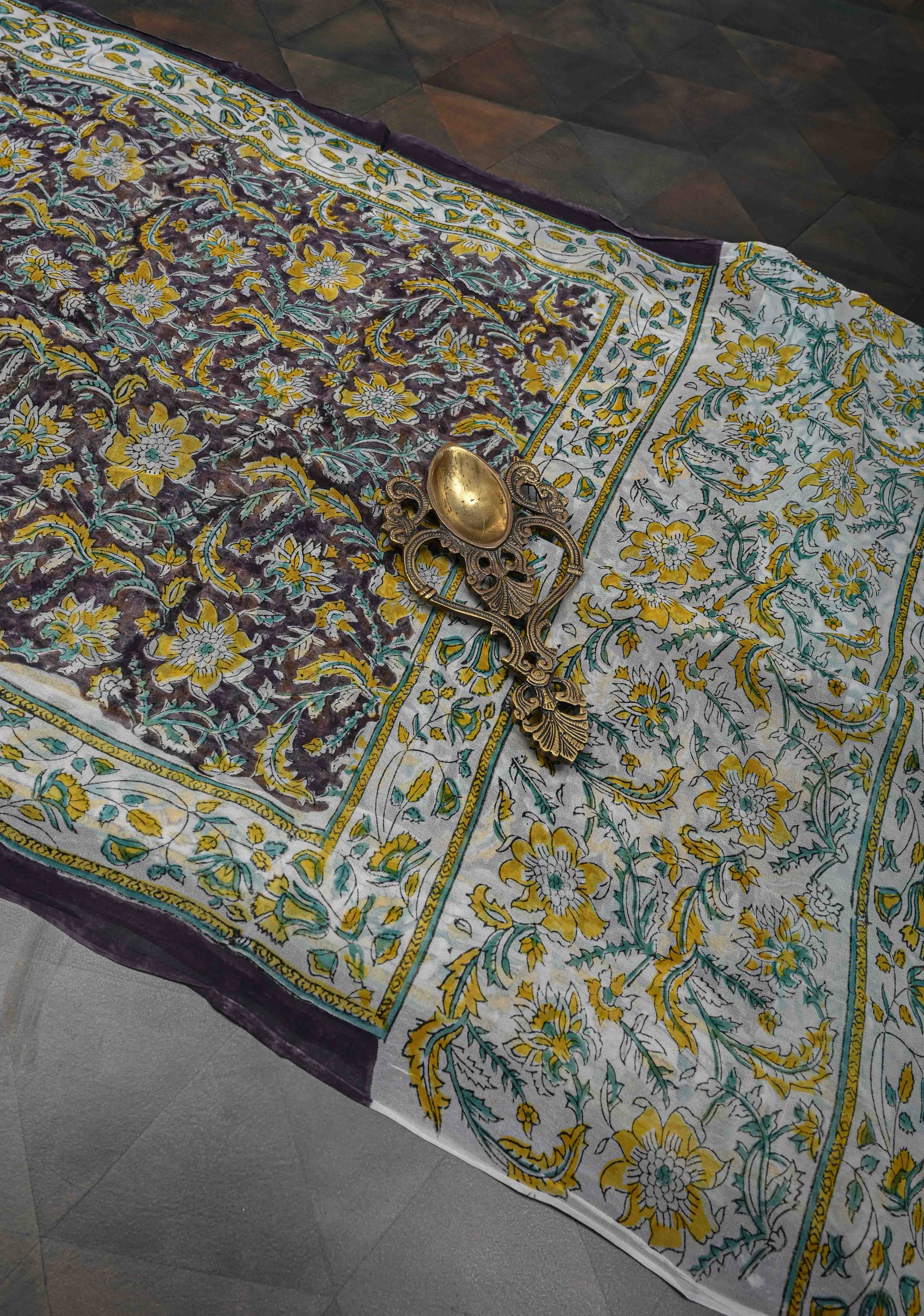 Dark Purple Georgette Saree with Sanganeri Hand Block Print | SHOBITAM