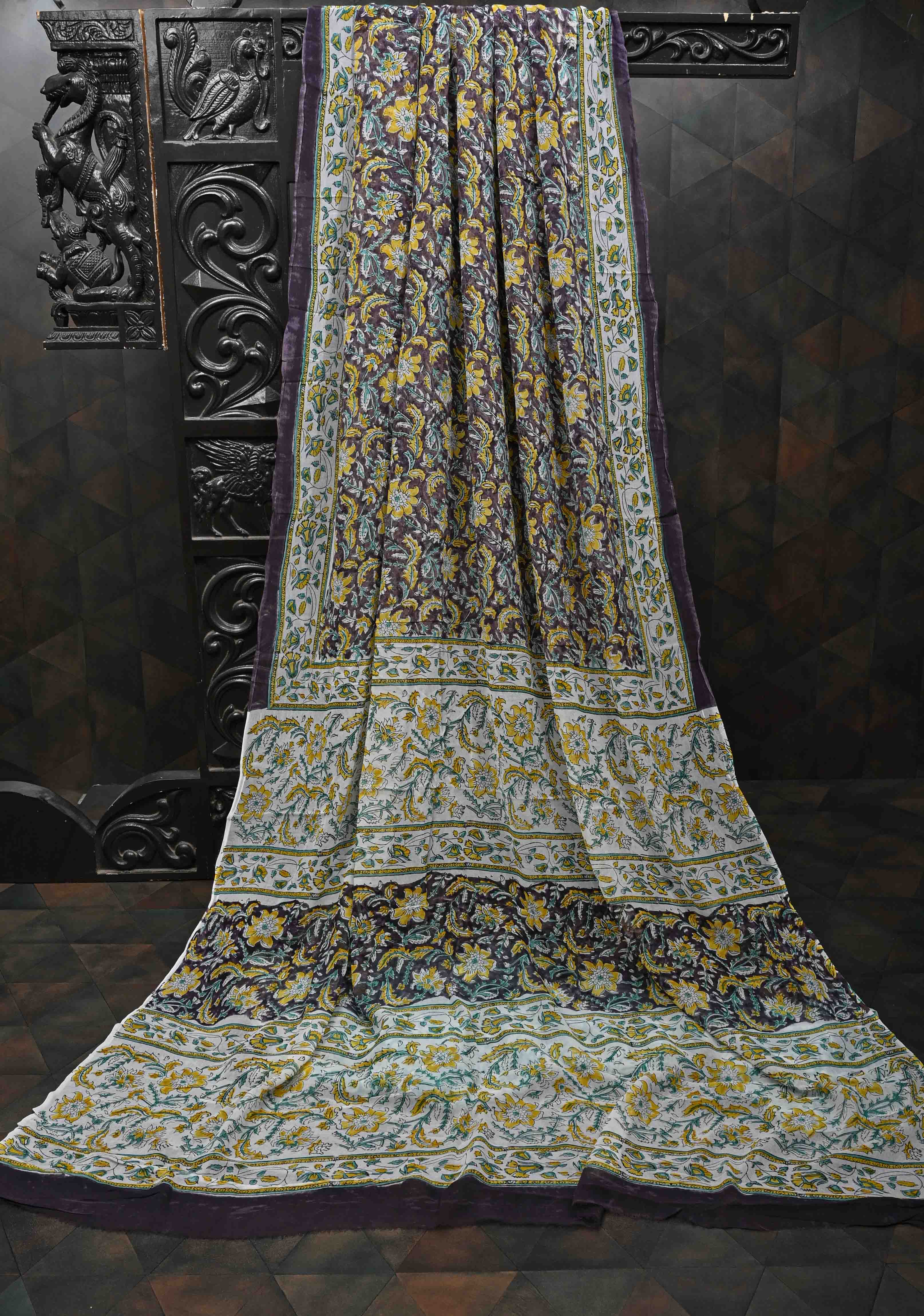 Dark Purple Georgette Saree with Sanganeri Hand Block Print | SHOBITAM