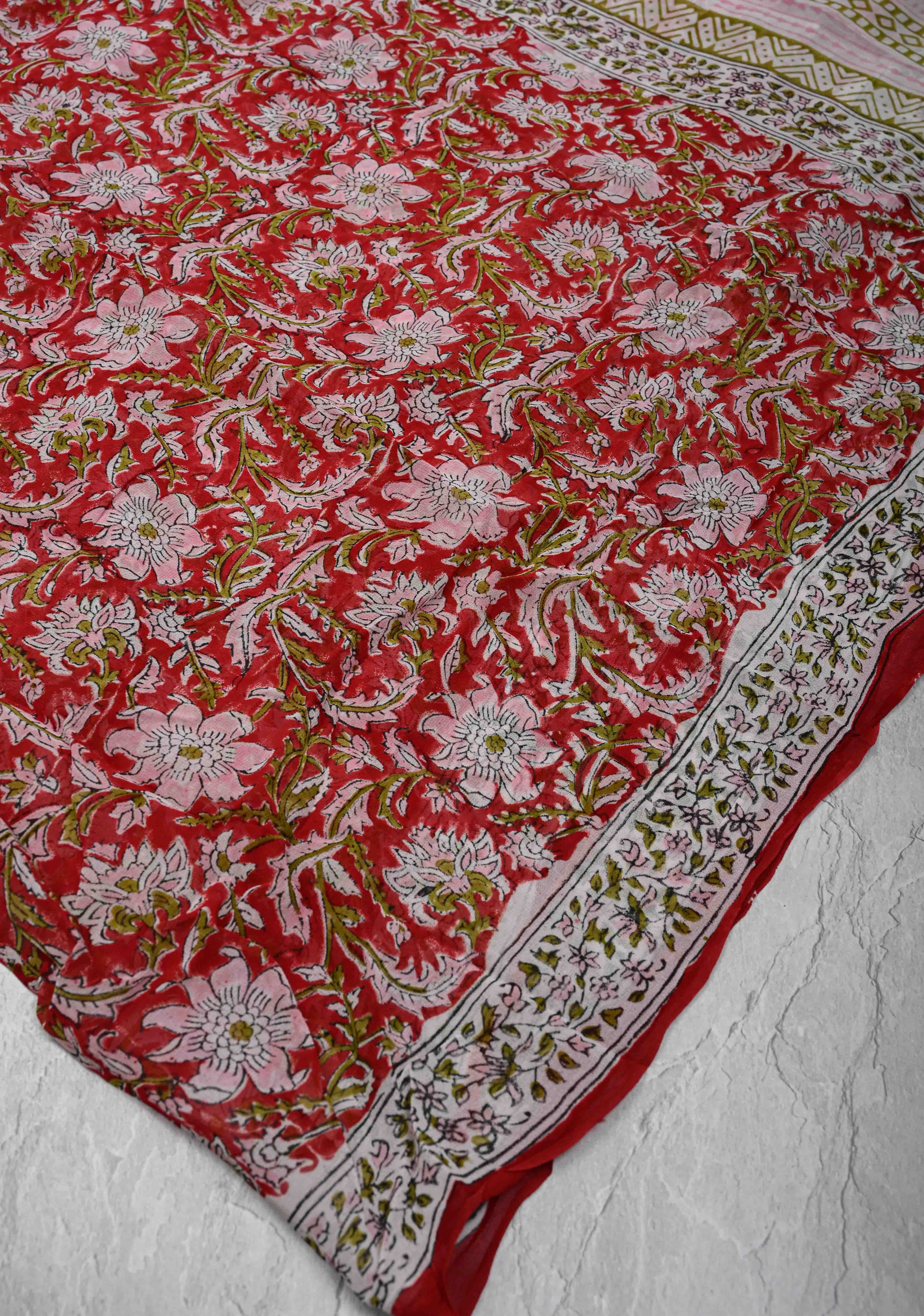 Red Georgette Saree with Sanganeri Hand Block Print | Shobitam