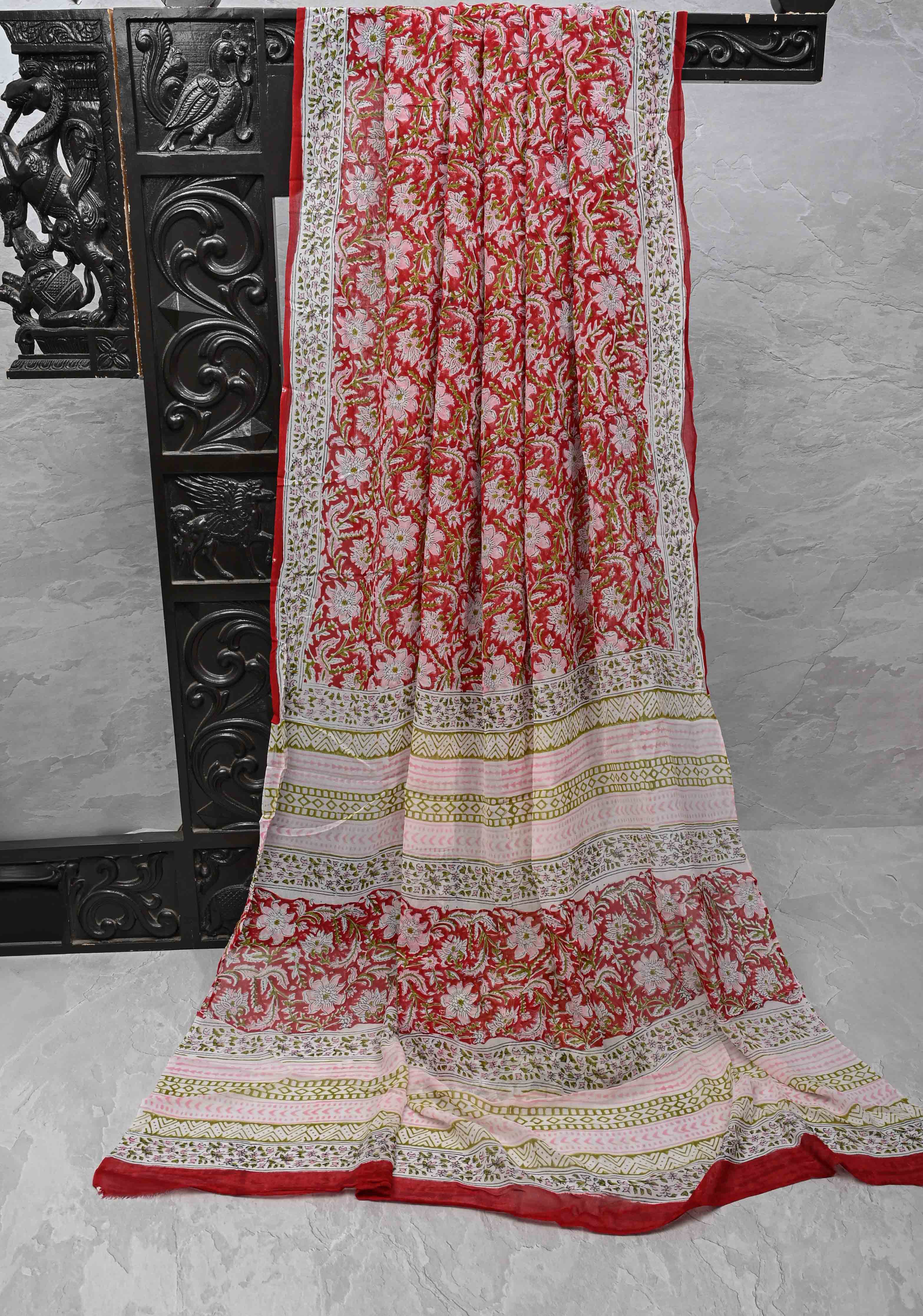 Red Georgette Saree with Sanganeri Hand Block Print | Shobitam